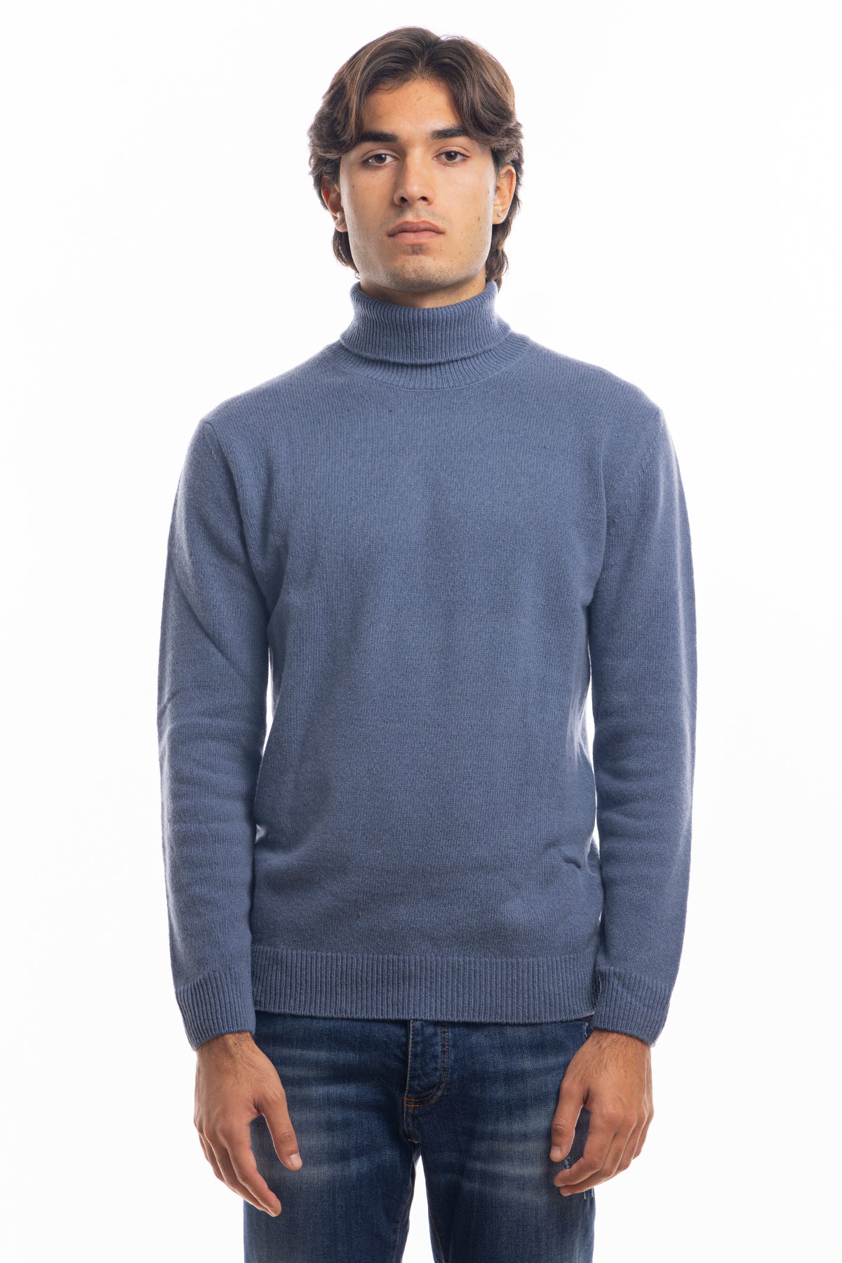 Maglione da uomo collo alto blu in lana maniche lunghe