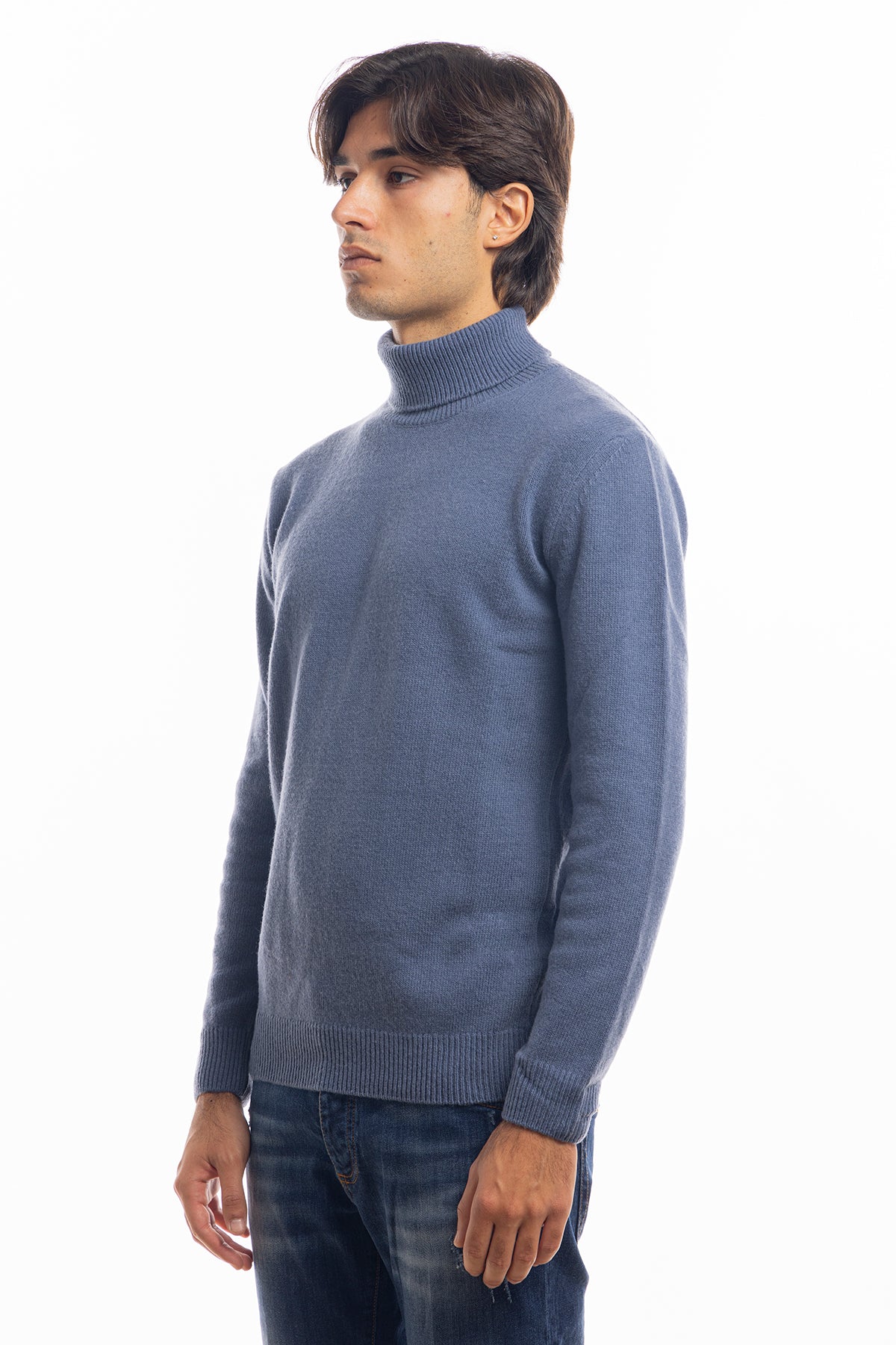 Maglione da uomo collo alto blu in lana maniche lunghe