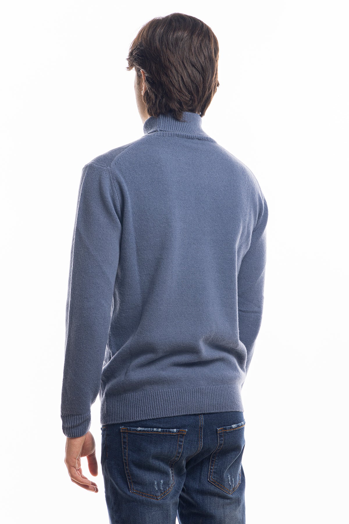 Maglione da uomo collo alto blu in lana maniche lunghe