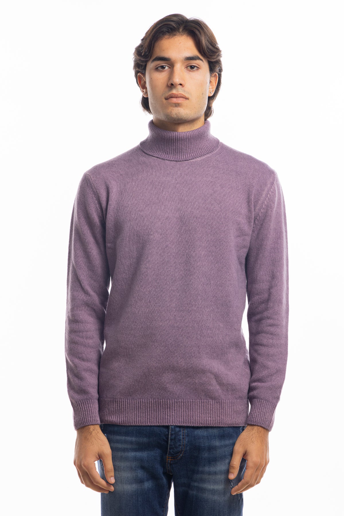 Maglione da uomo collo alto viola in lana maniche lunghe