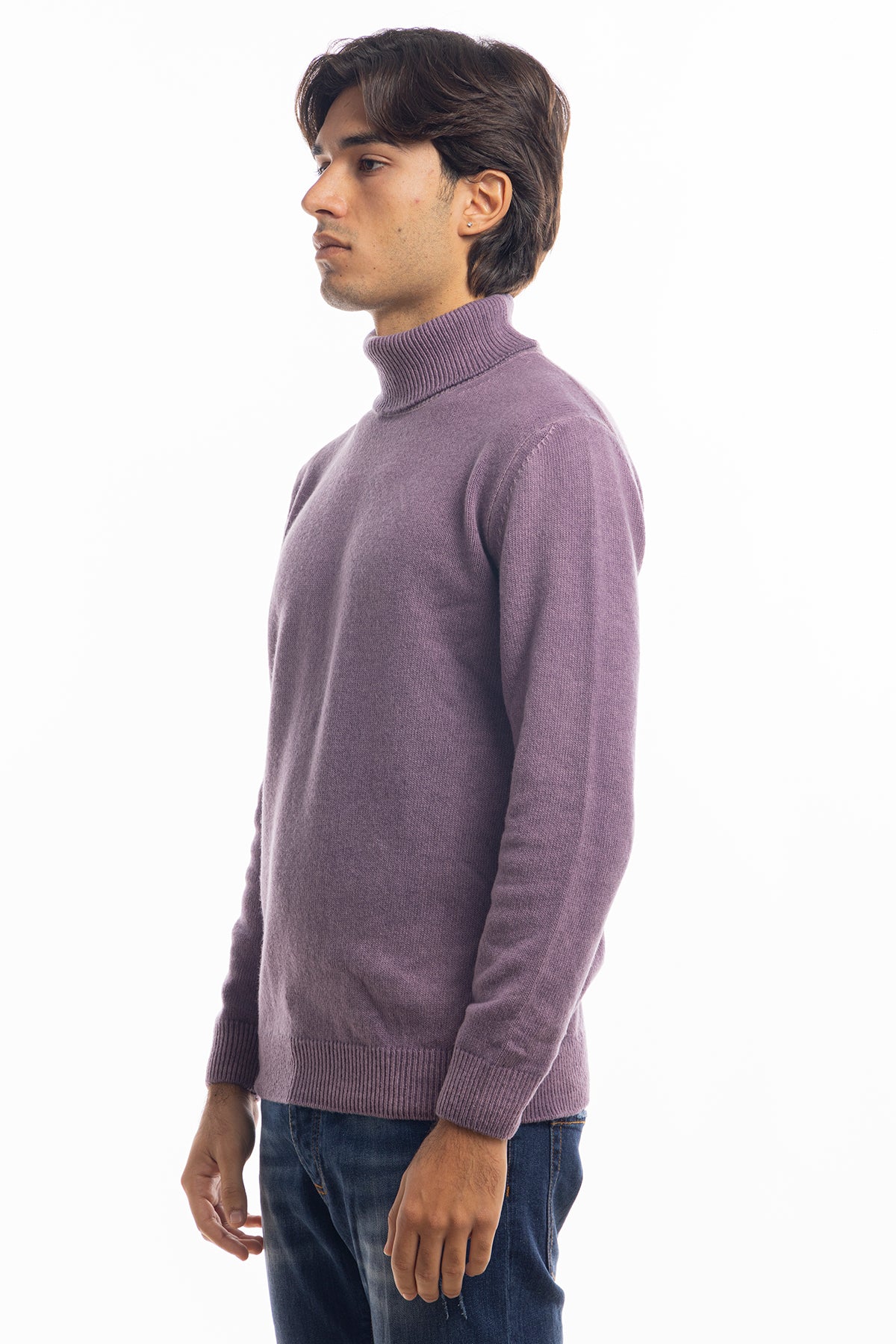Maglione da uomo collo alto viola in lana maniche lunghe