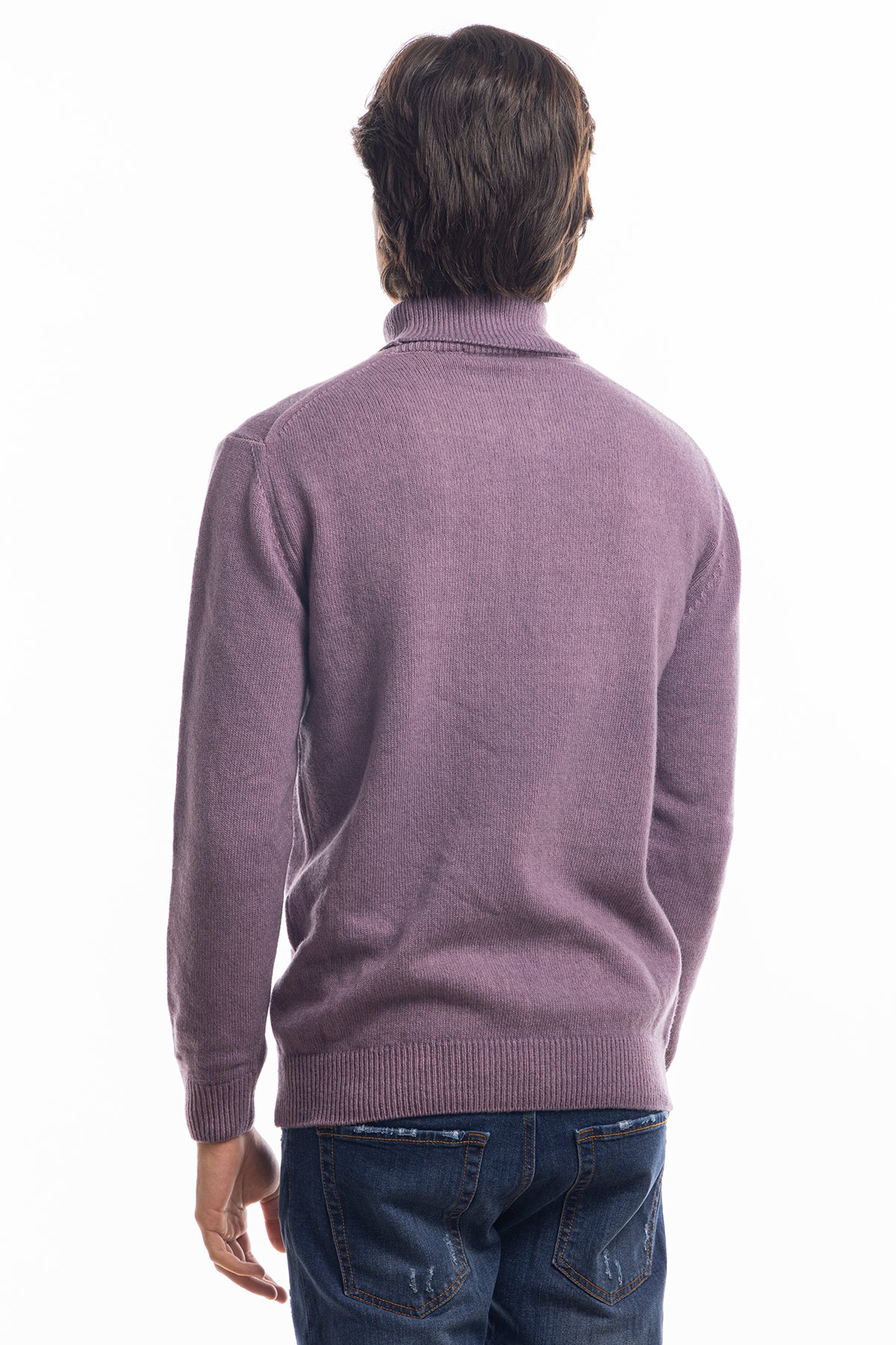 Maglione da uomo collo alto viola in lana maniche lunghe