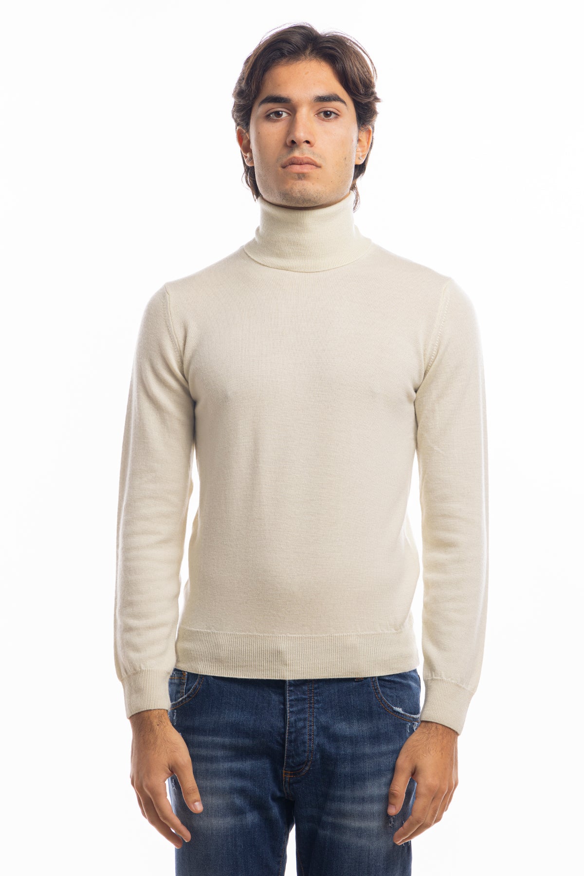 Maglione da uomo collo alto panna in lana merinos 100% effetto stone wash maniche lunghe