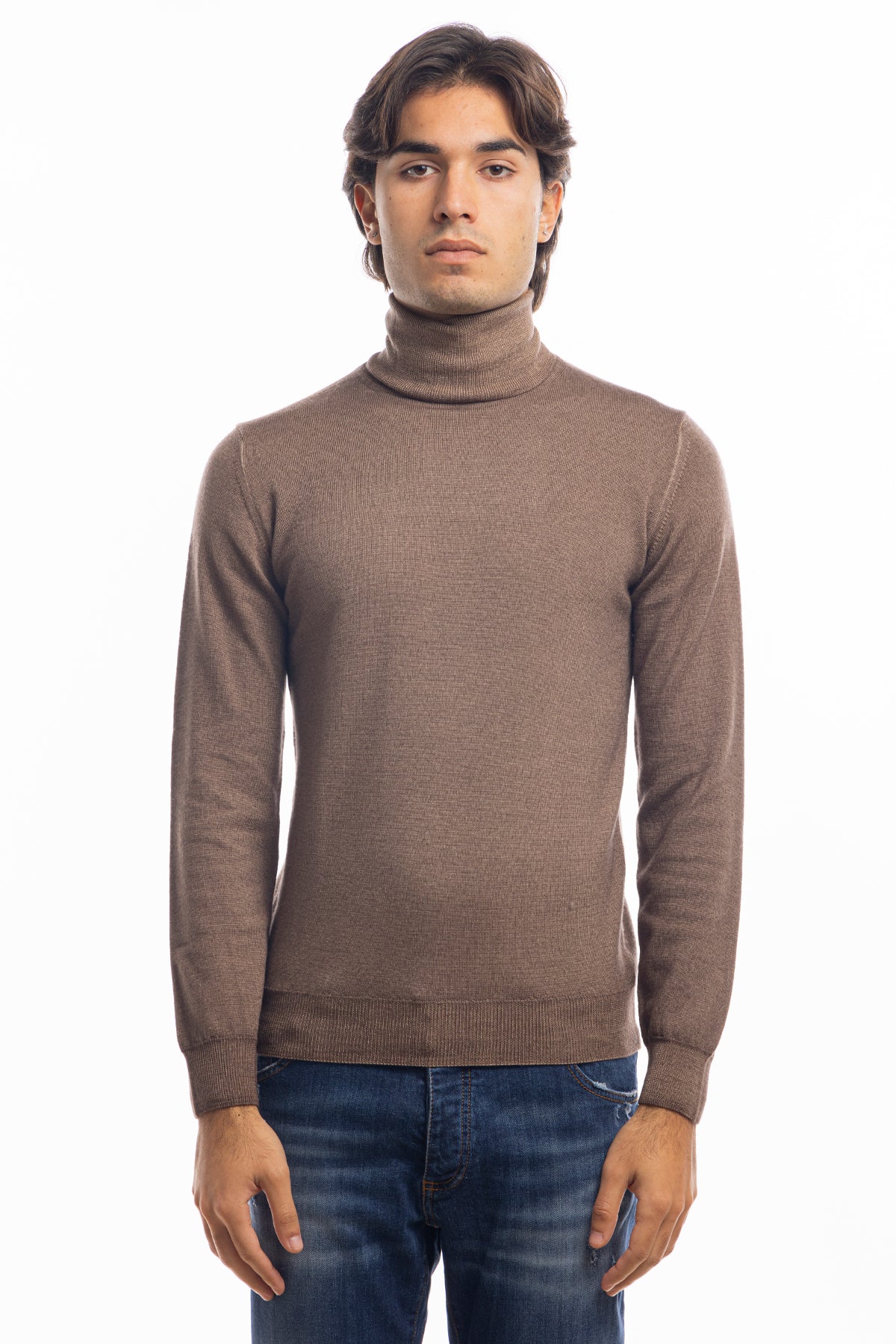 Maglione da uomo collo alto Fango in lana merinos 100% effetto stone wash maniche lunghe