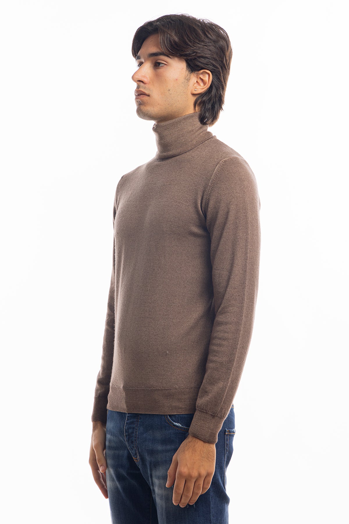 Maglione da uomo collo alto Fango in lana merinos 100% effetto stone wash maniche lunghe