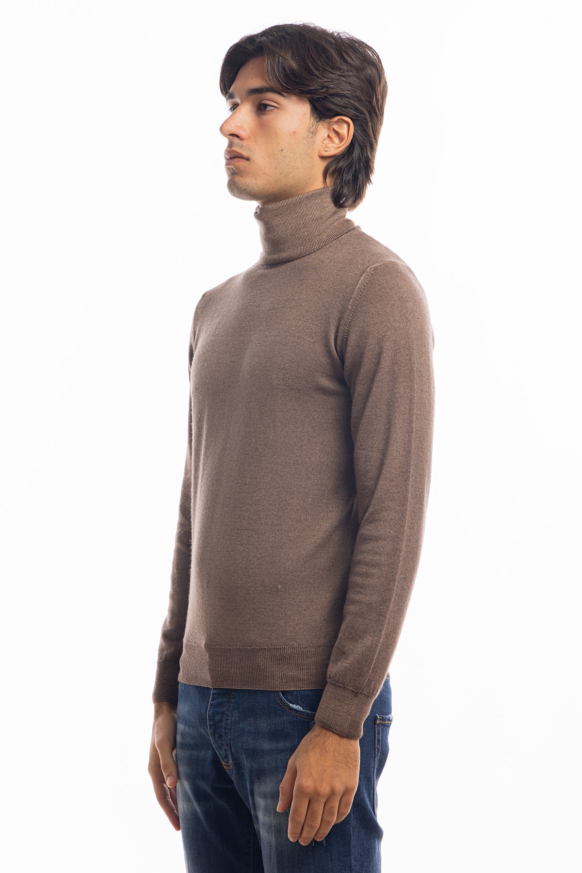 Maglione da uomo collo alto Fango in lana merinos 100% effetto stone wash maniche lunghe