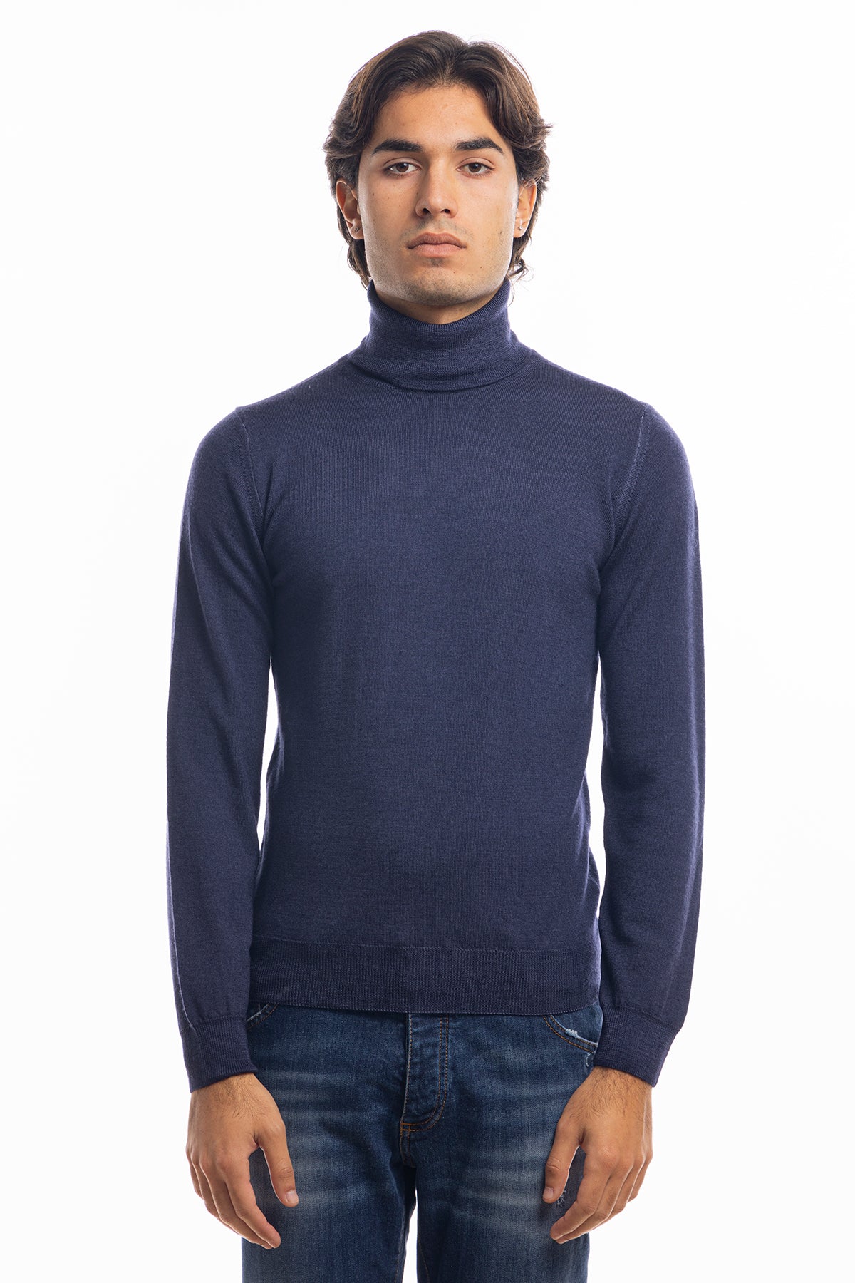Maglione da uomo collo alto blu in lana merinos 100% effetto stone wash maniche lunghe