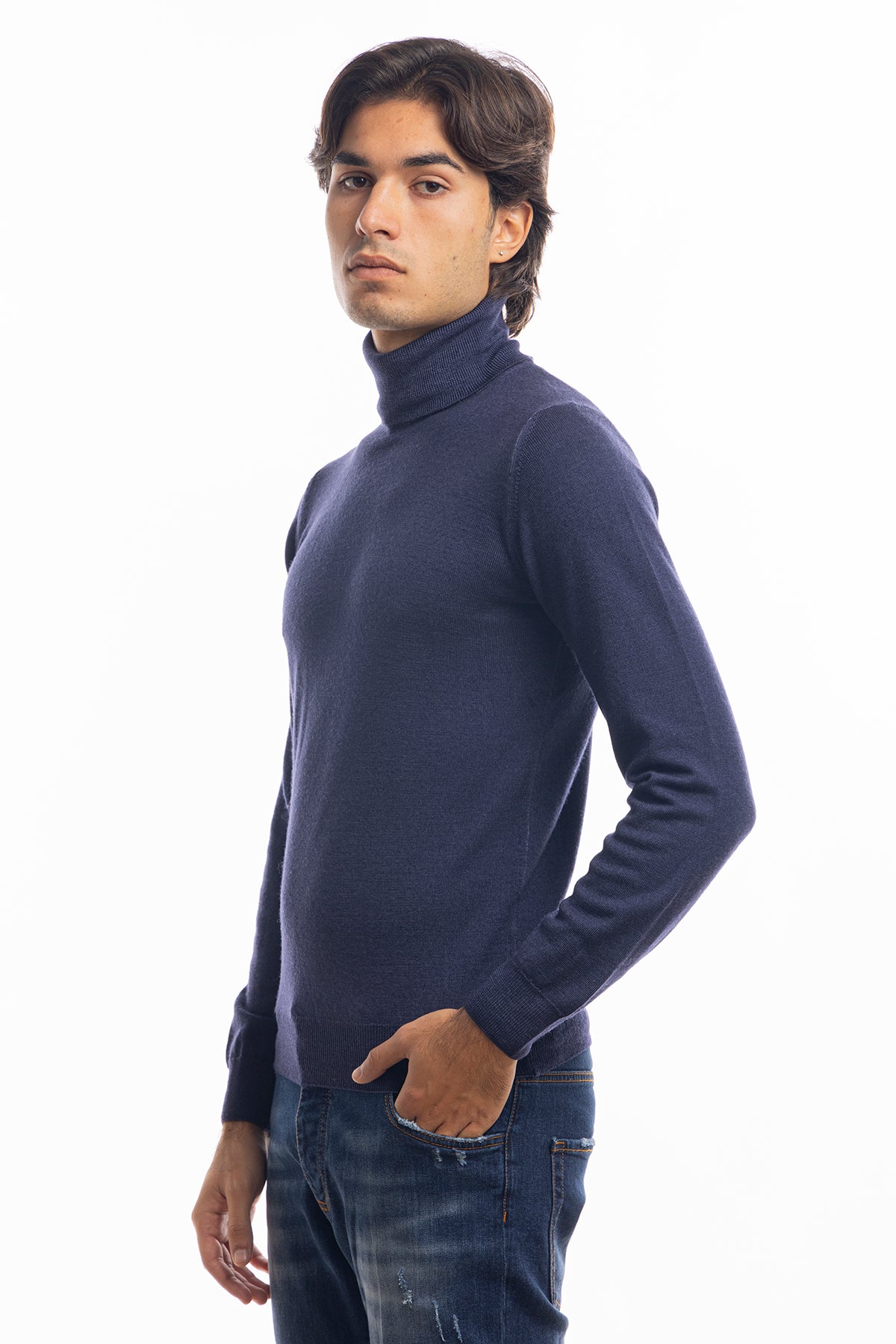 Maglione da uomo collo alto blu in lana merinos 100% effetto stone wash maniche lunghe