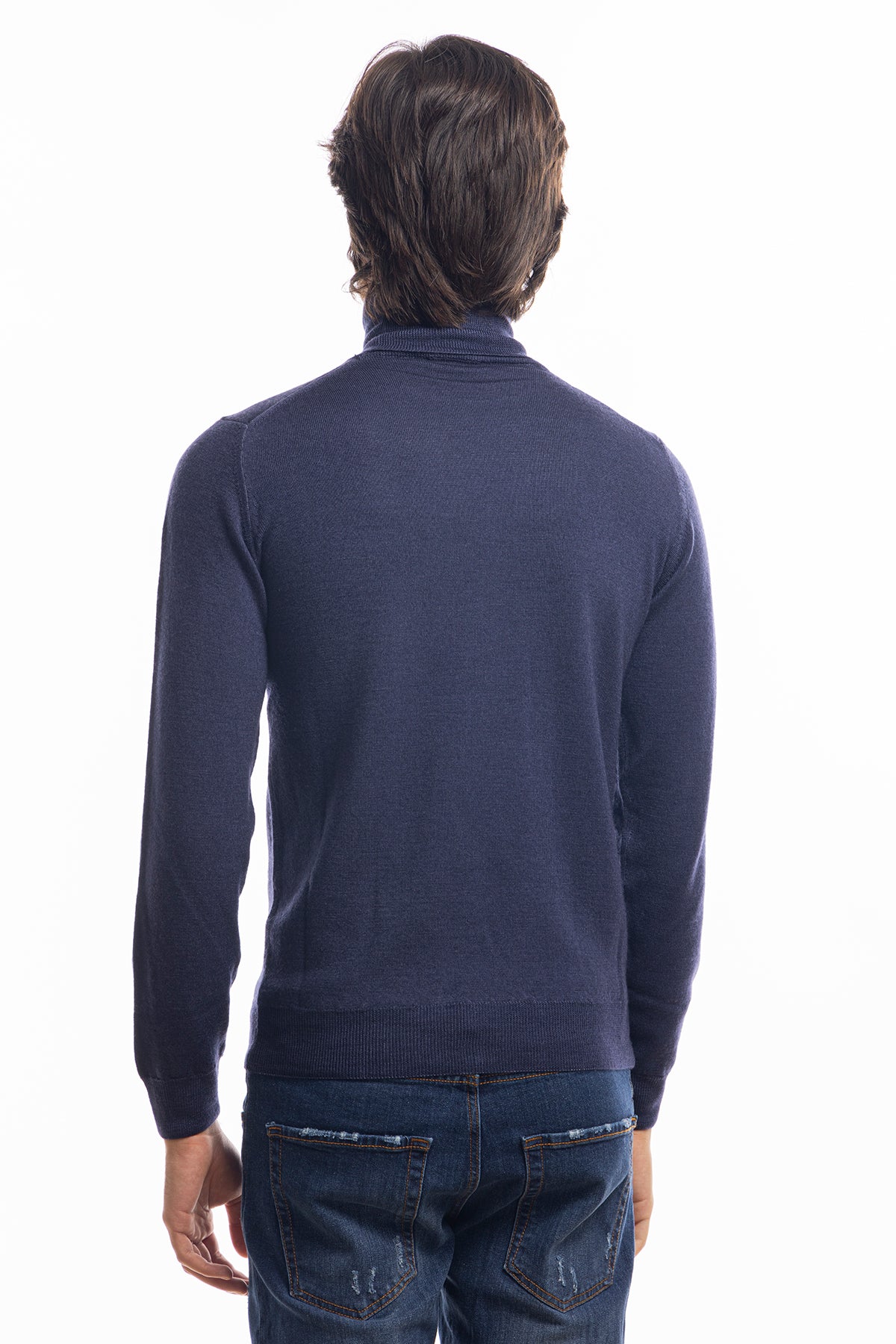 Maglione da uomo collo alto blu in lana merinos 100% effetto stone wash maniche lunghe