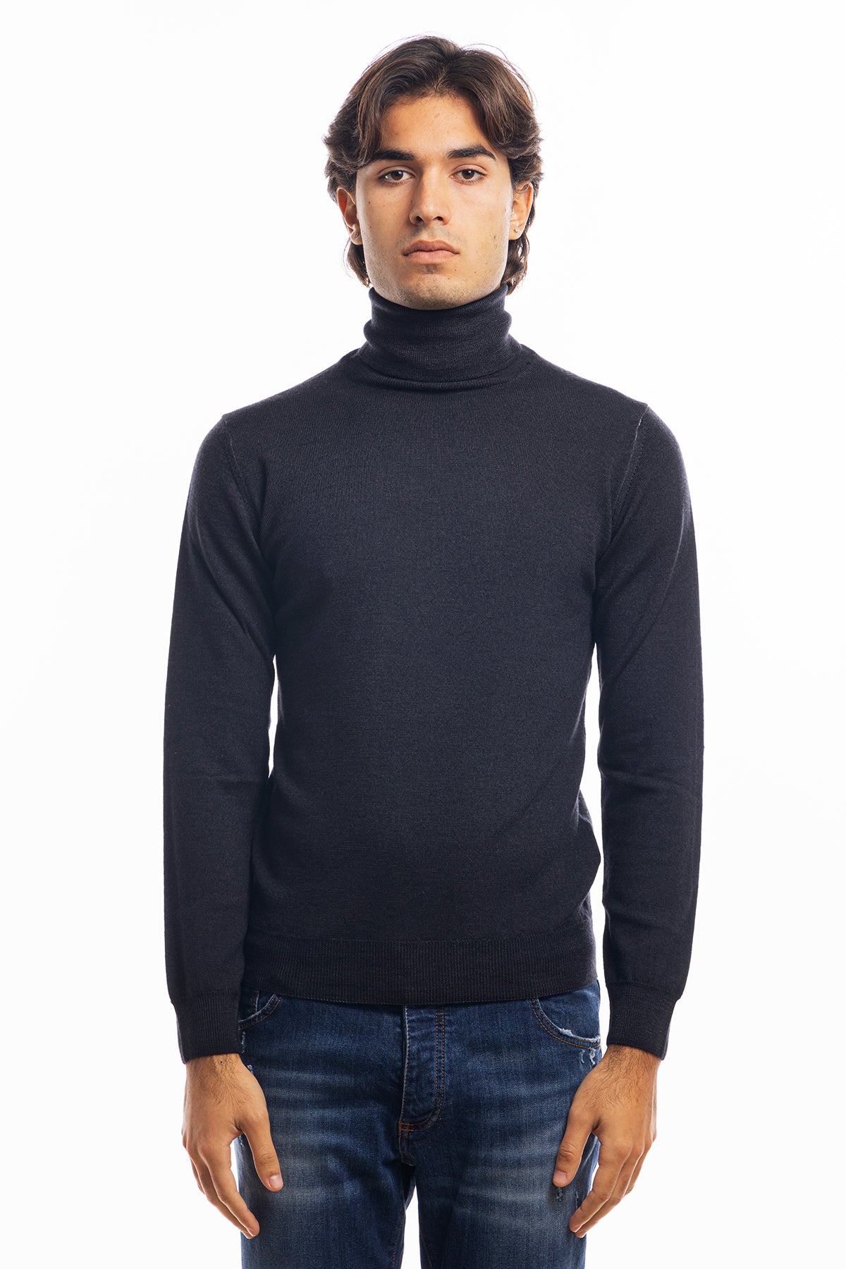 Maglione da uomo collo alto nero in lana merinos 100% effetto stone wash maniche lunghe