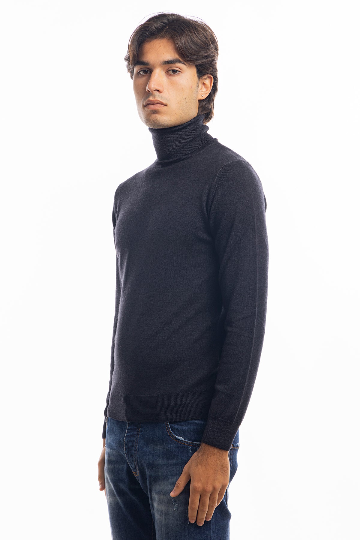Maglione da uomo collo alto nero in lana merinos 100% effetto stone wash maniche lunghe