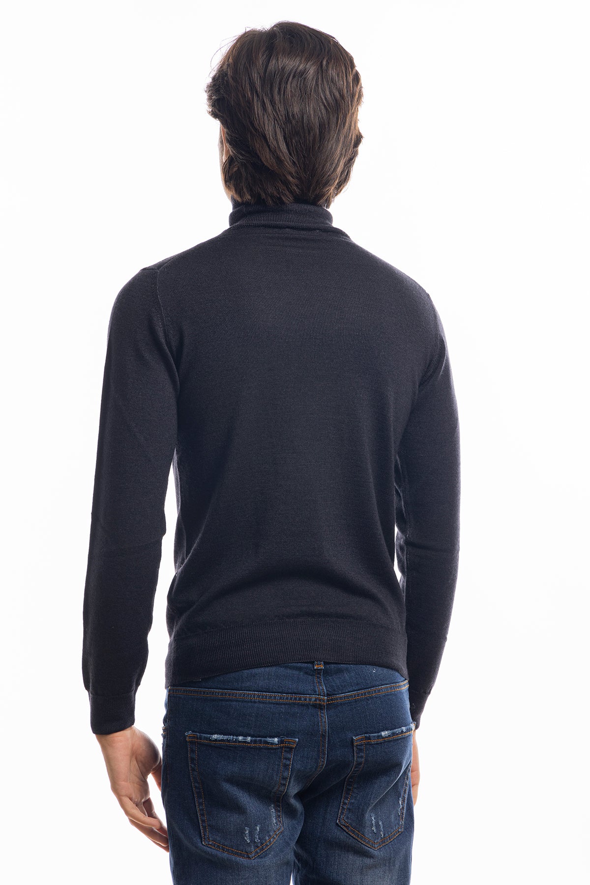 Maglione da uomo collo alto nero in lana merinos 100% effetto stone wash maniche lunghe