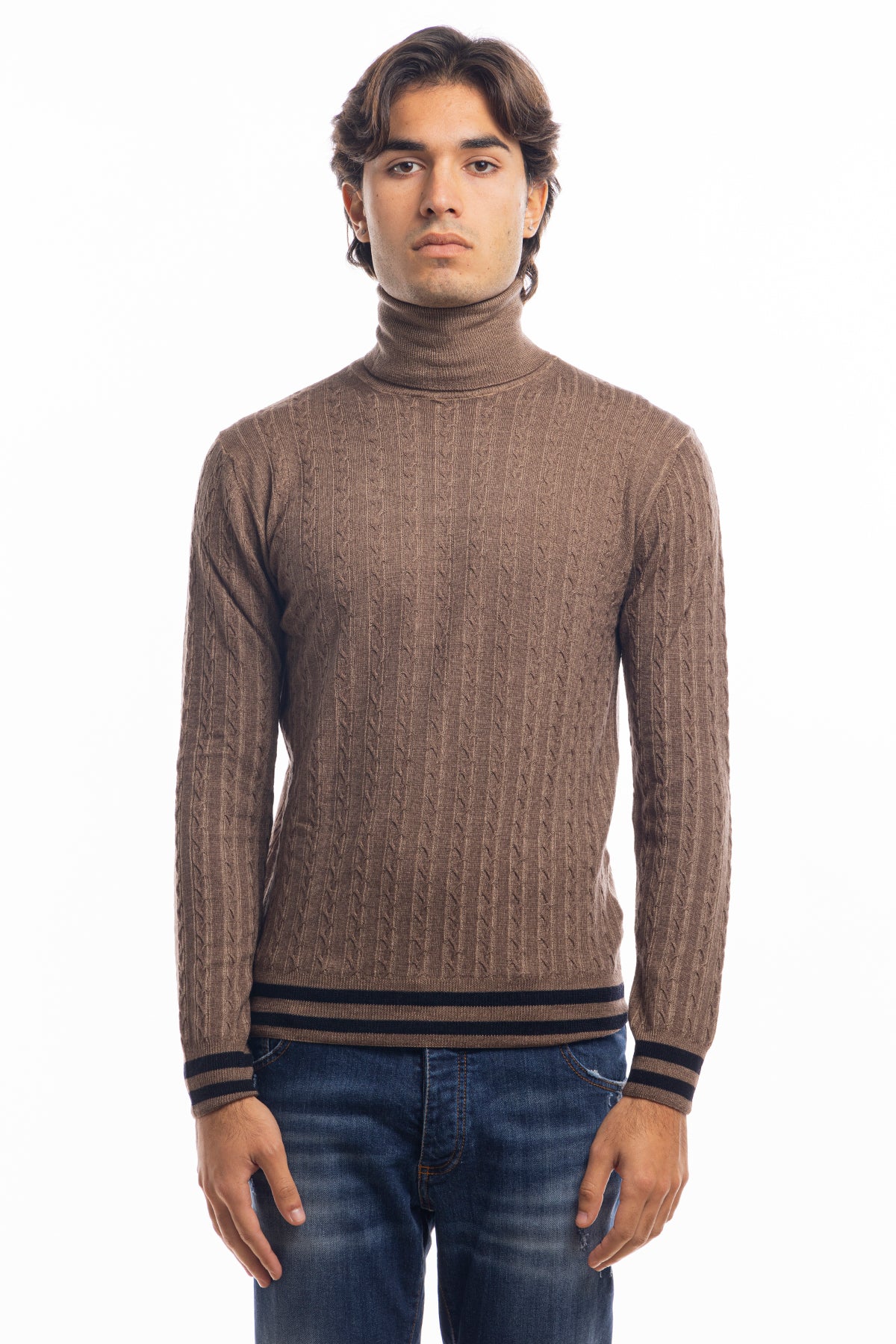 Maglione da uomo collo alto Fango in lana merinos 100% effetto stone wash maniche lunghe