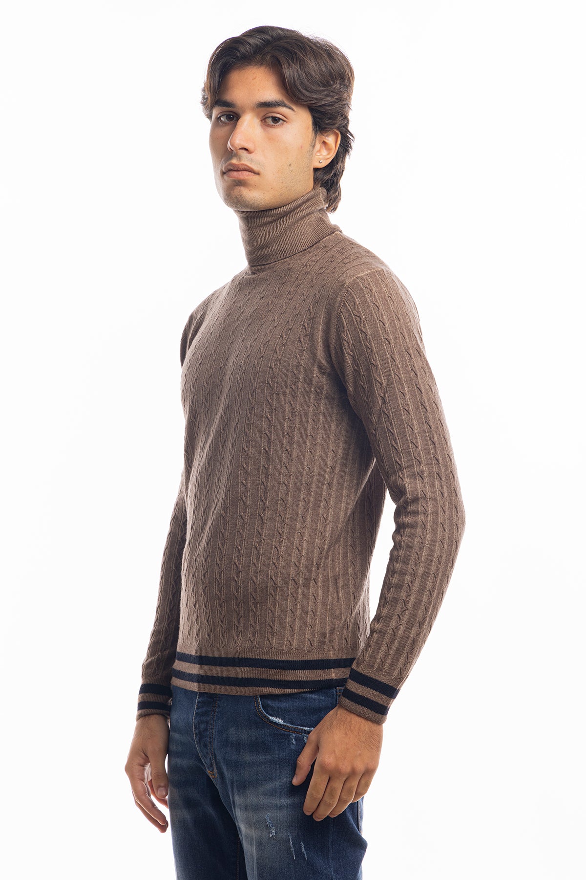 Maglione da uomo collo alto Fango in lana merinos 100% effetto stone wash maniche lunghe