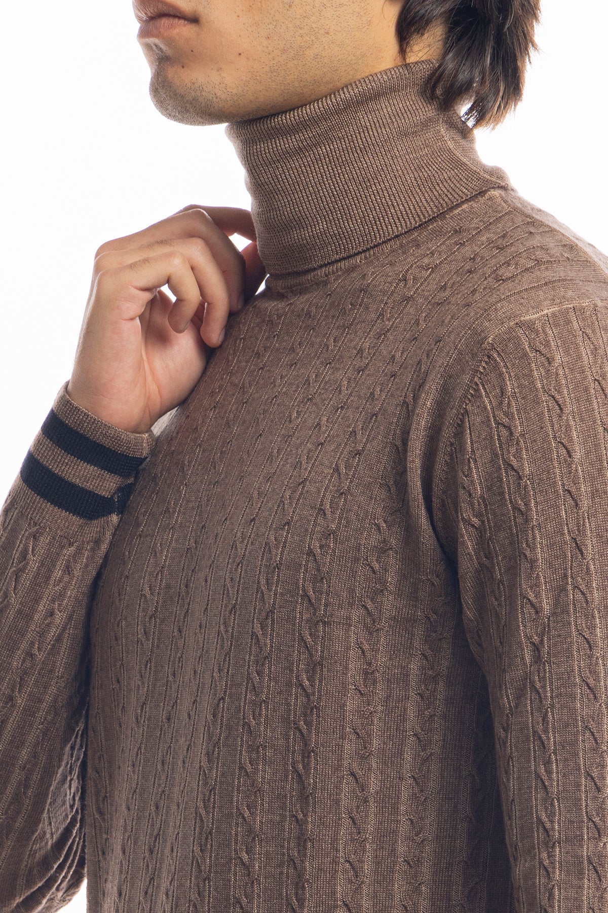 Maglione da uomo collo alto Fango in lana merinos 100% effetto stone wash maniche lunghe
