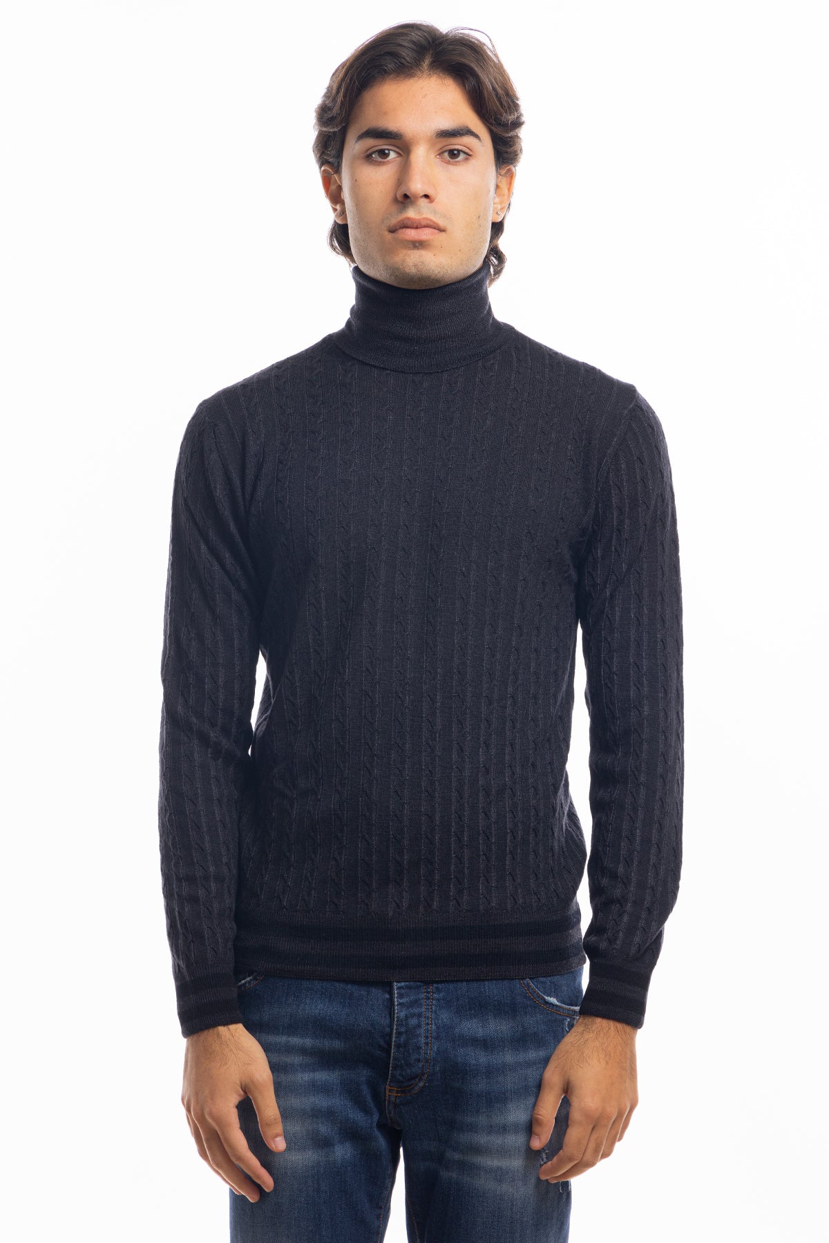 Maglione da uomo collo alto nero in lana merinos 100% effetto stone wash maniche lunghe