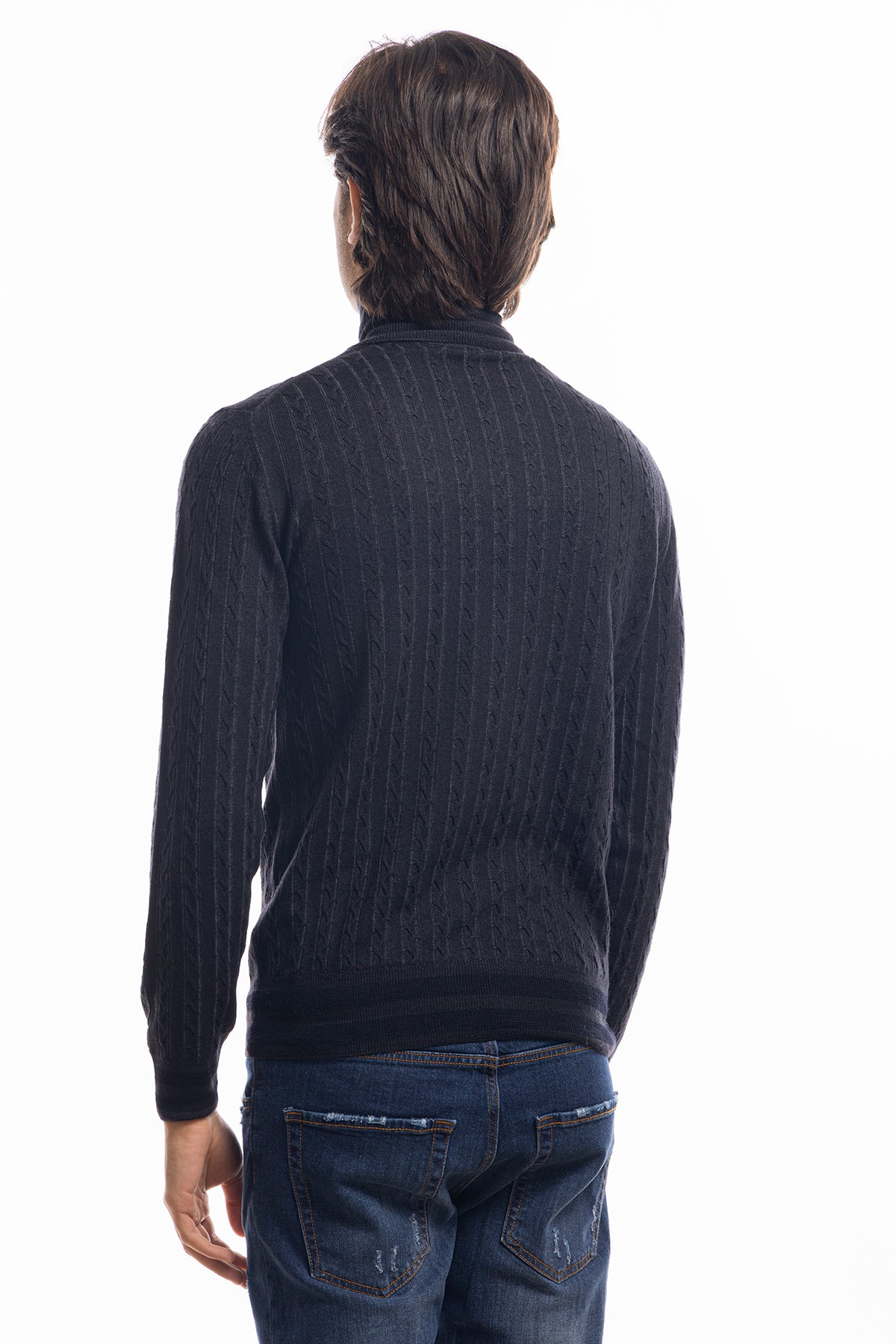Maglione da uomo collo alto nero in lana merinos 100% effetto stone wash maniche lunghe