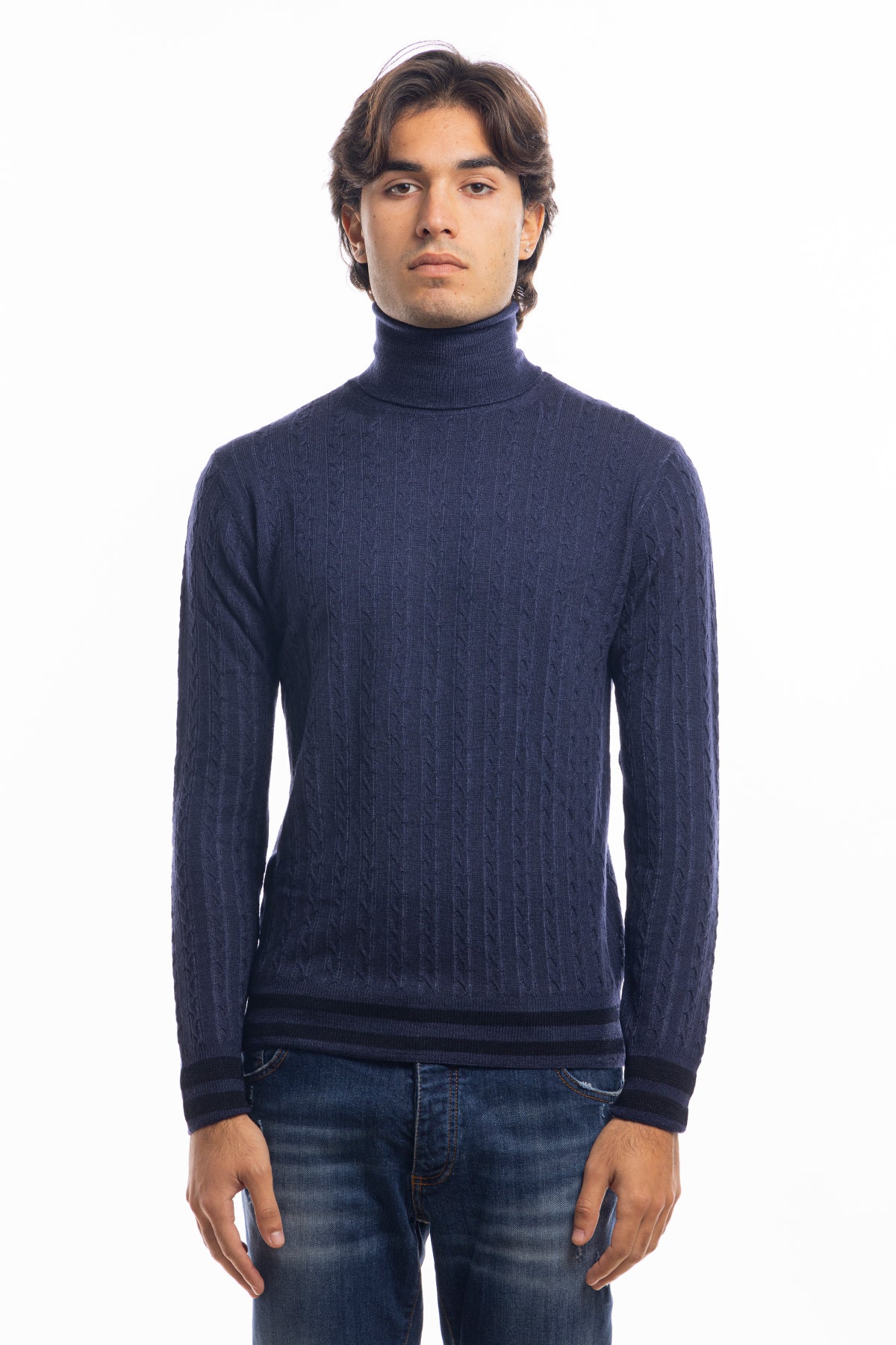 Maglione da uomo collo alto blu in lana merinos 100% effetto stone wash maniche lunghe