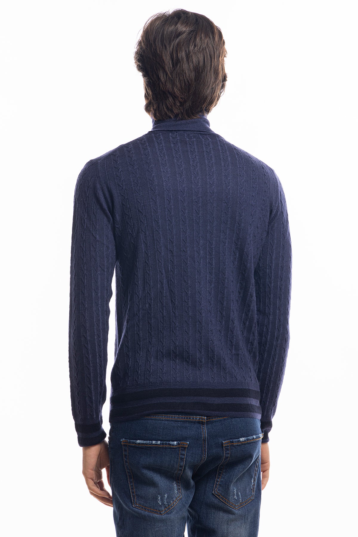 Maglione da uomo collo alto blu in lana merinos 100% effetto stone wash maniche lunghe