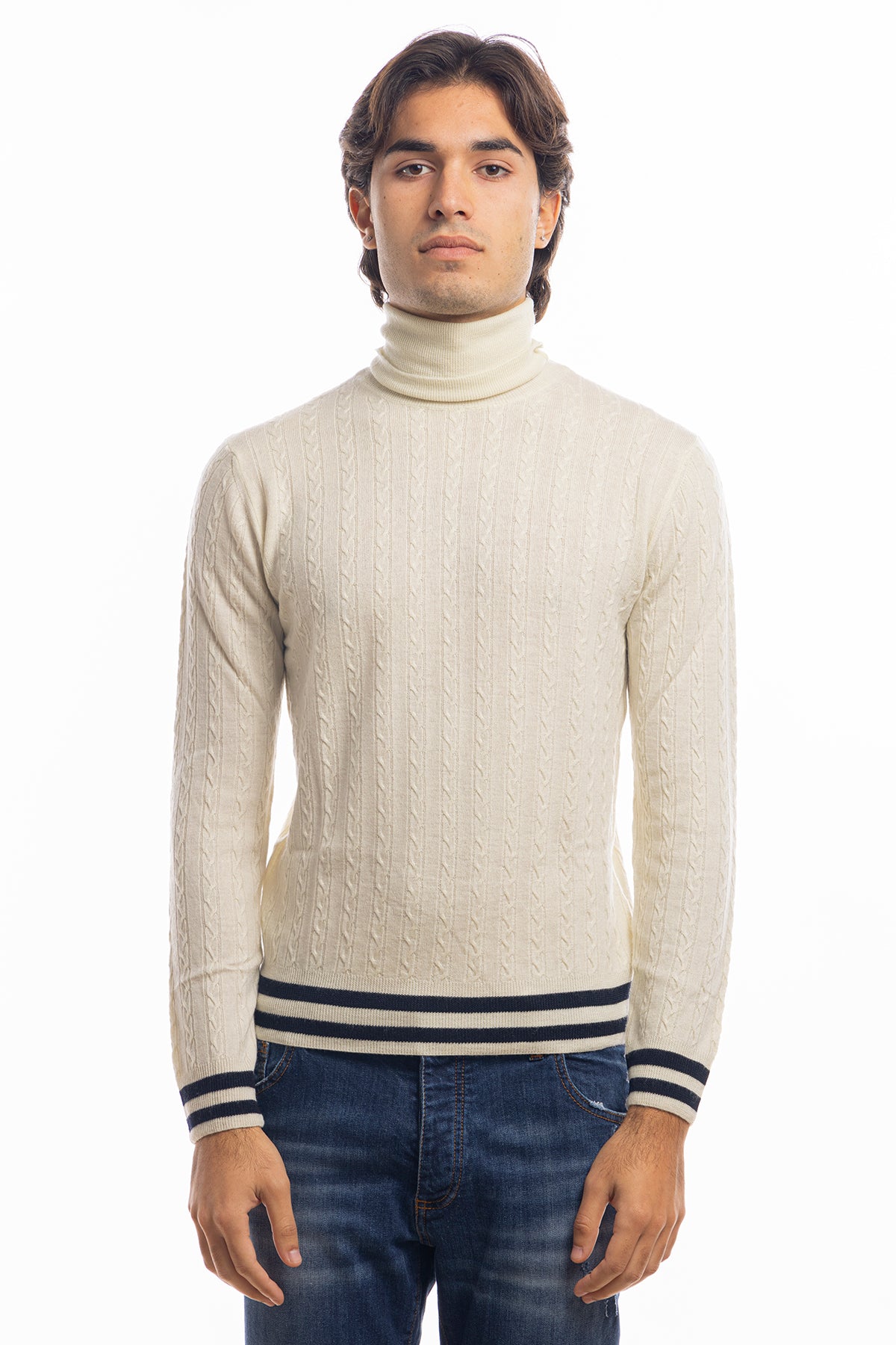 Maglione da uomo collo alto panna in lana merinos 100% effetto stone wash maniche lunghe