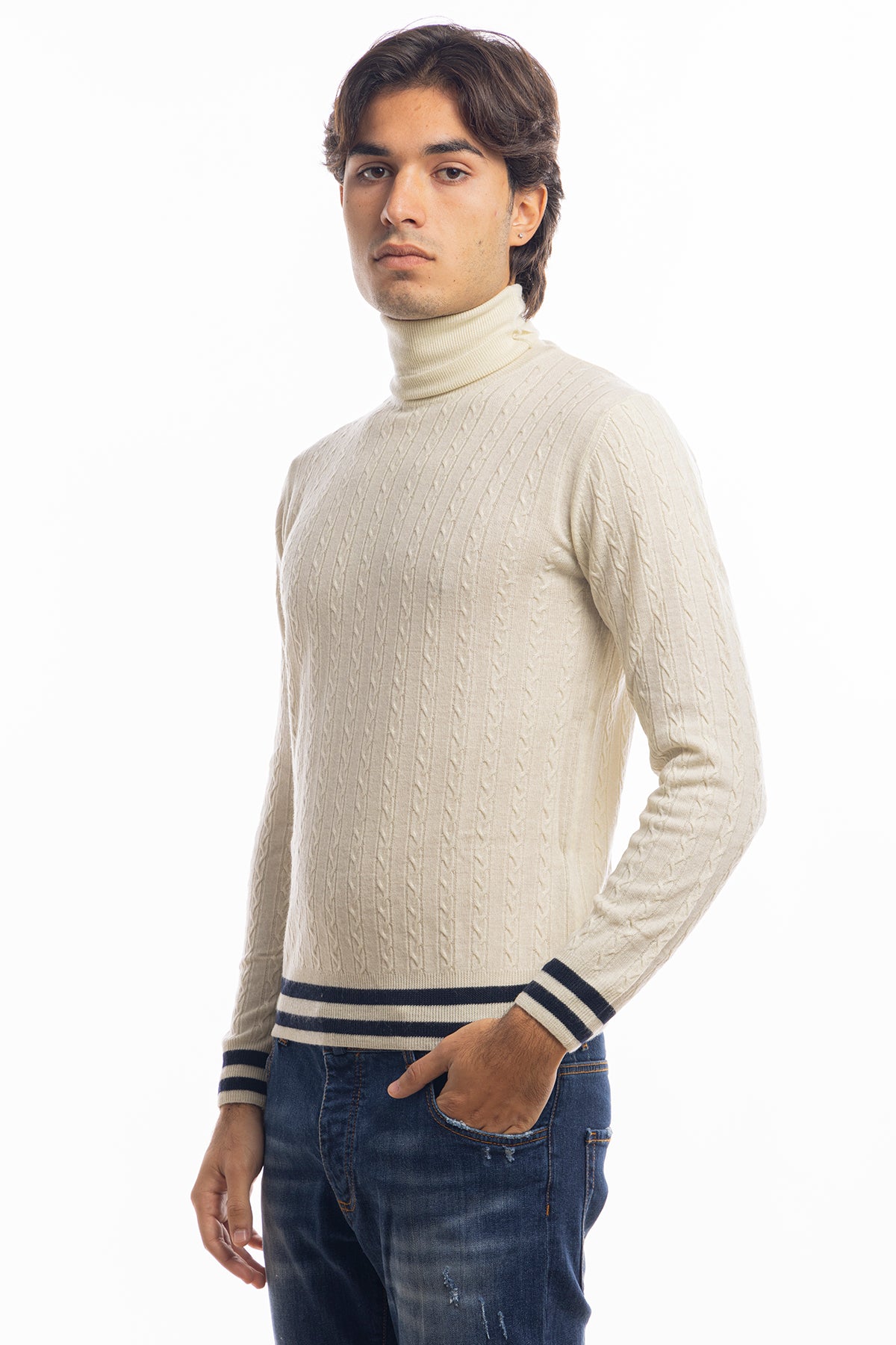 Maglione da uomo collo alto panna in lana merinos 100% effetto stone wash maniche lunghe