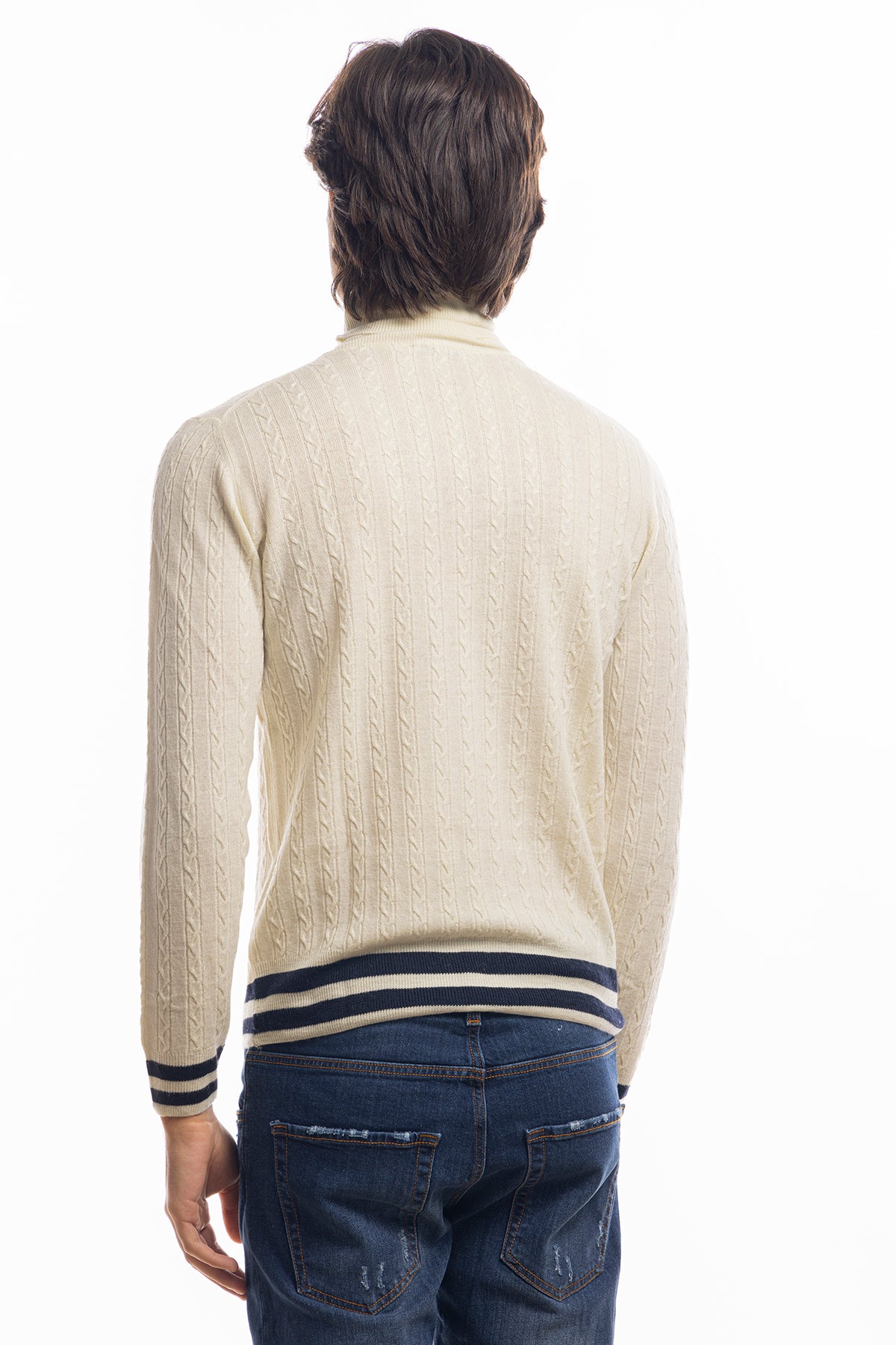 Maglione da uomo collo alto panna in lana merinos 100% effetto stone wash maniche lunghe