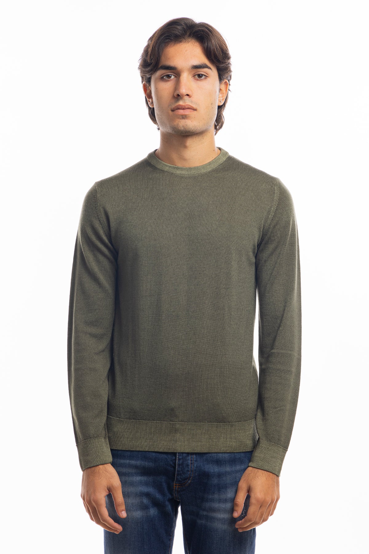 Maglione da uomo girocollo verde militare in lana merinos 100% effetto stone wash maniche lunghe