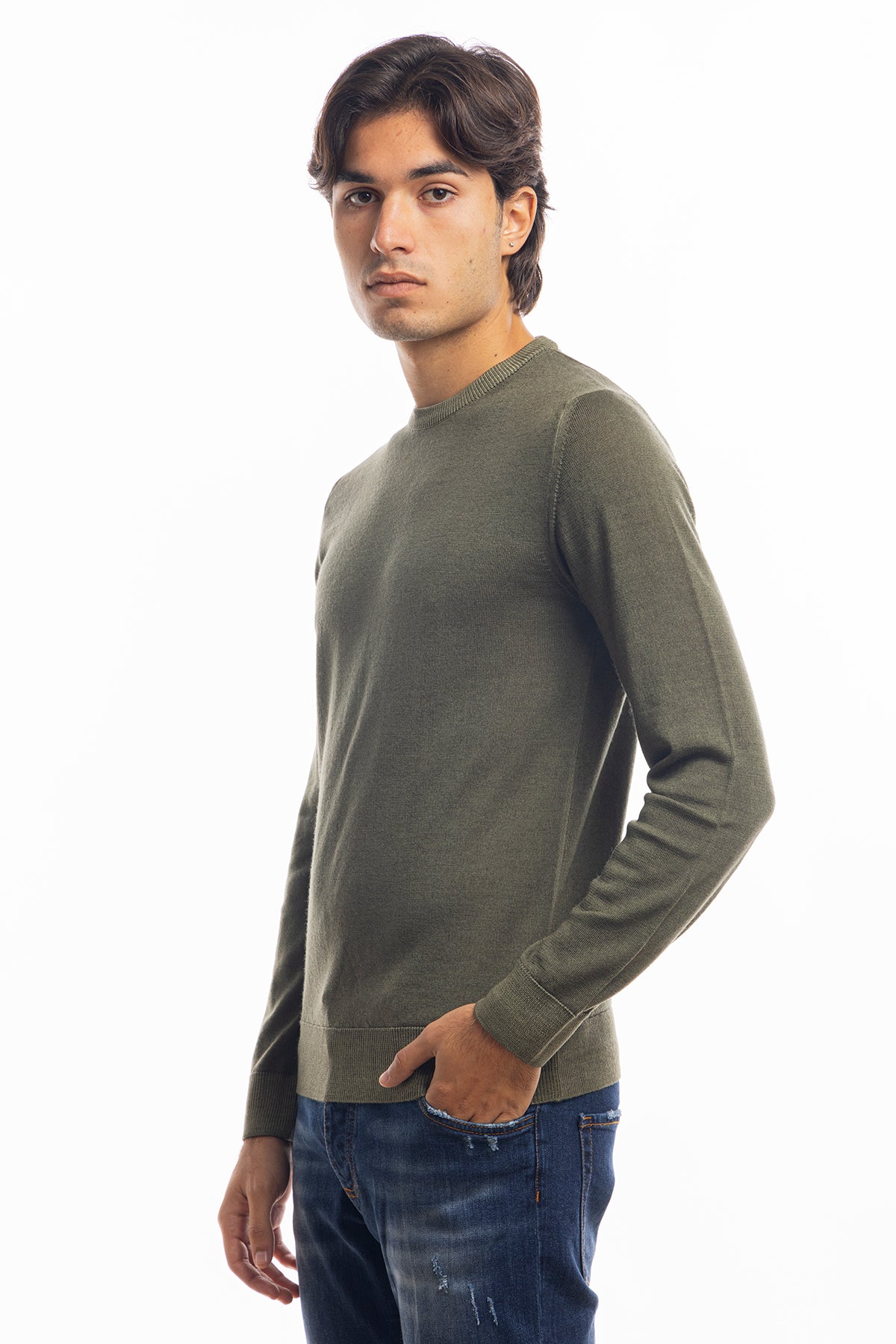 Maglione da uomo girocollo verde militare in lana merinos 100% effetto stone wash maniche lunghe