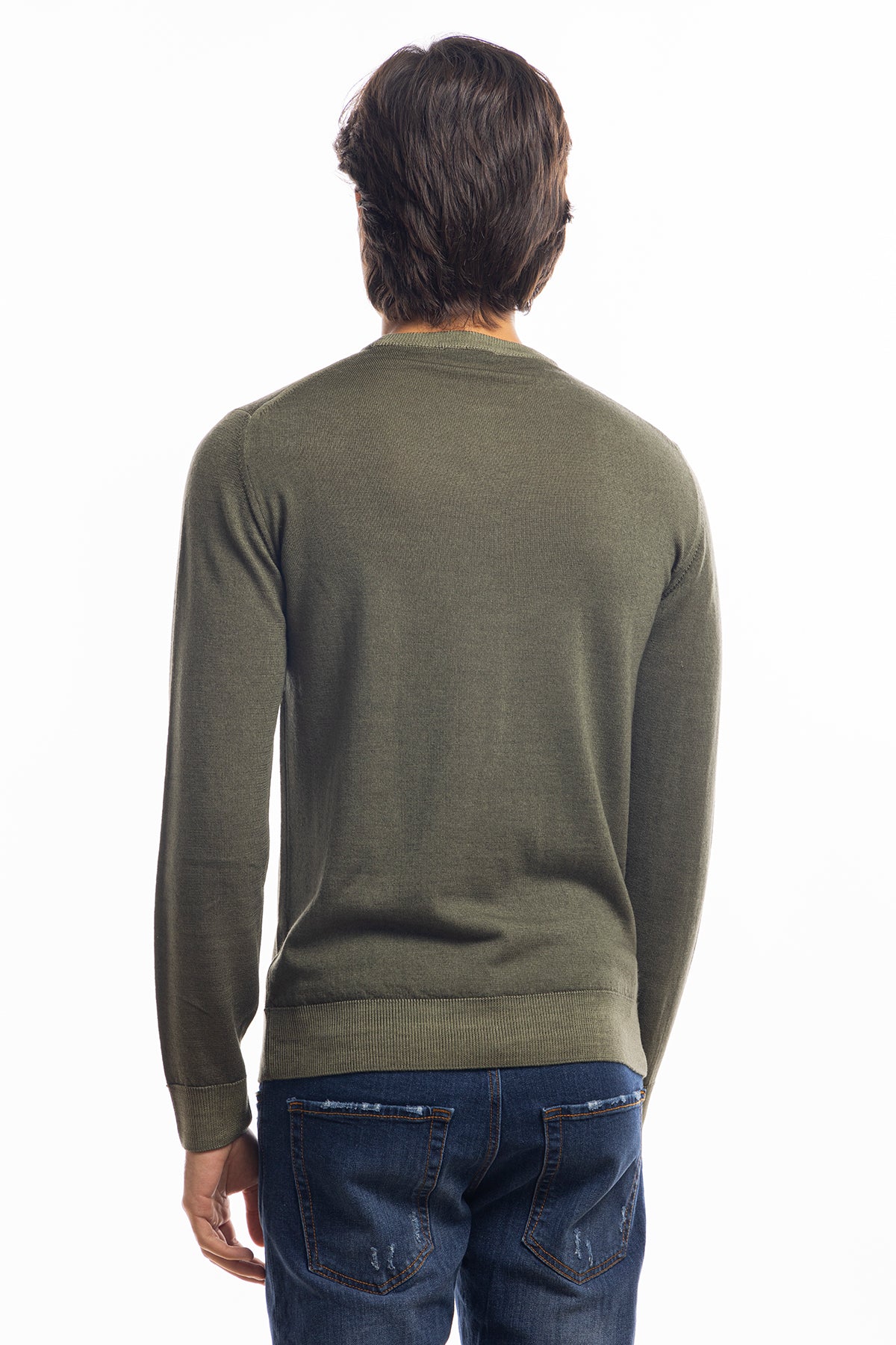 Maglione da uomo girocollo verde militare in lana merinos 100% effetto stone wash maniche lunghe