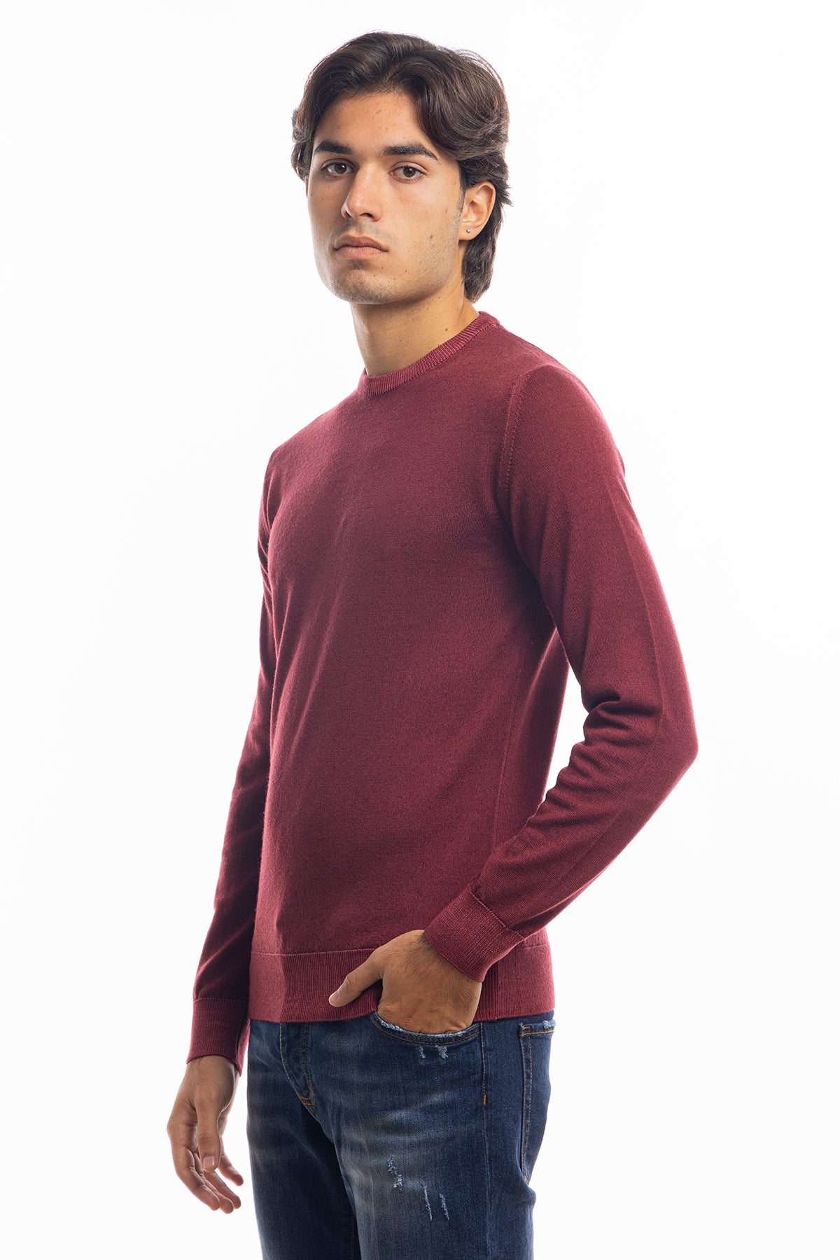 Maglione da uomo girocollo vinaccia in lana merinos 100% effetto stone wash maniche lunghe