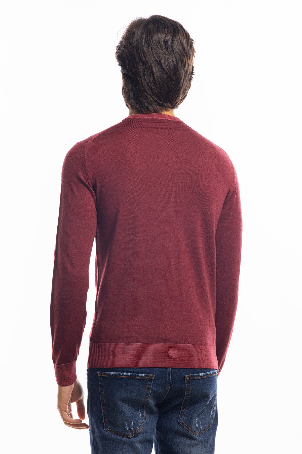 Maglione da uomo girocollo vinaccia in lana merinos 100% effetto stone wash maniche lunghe