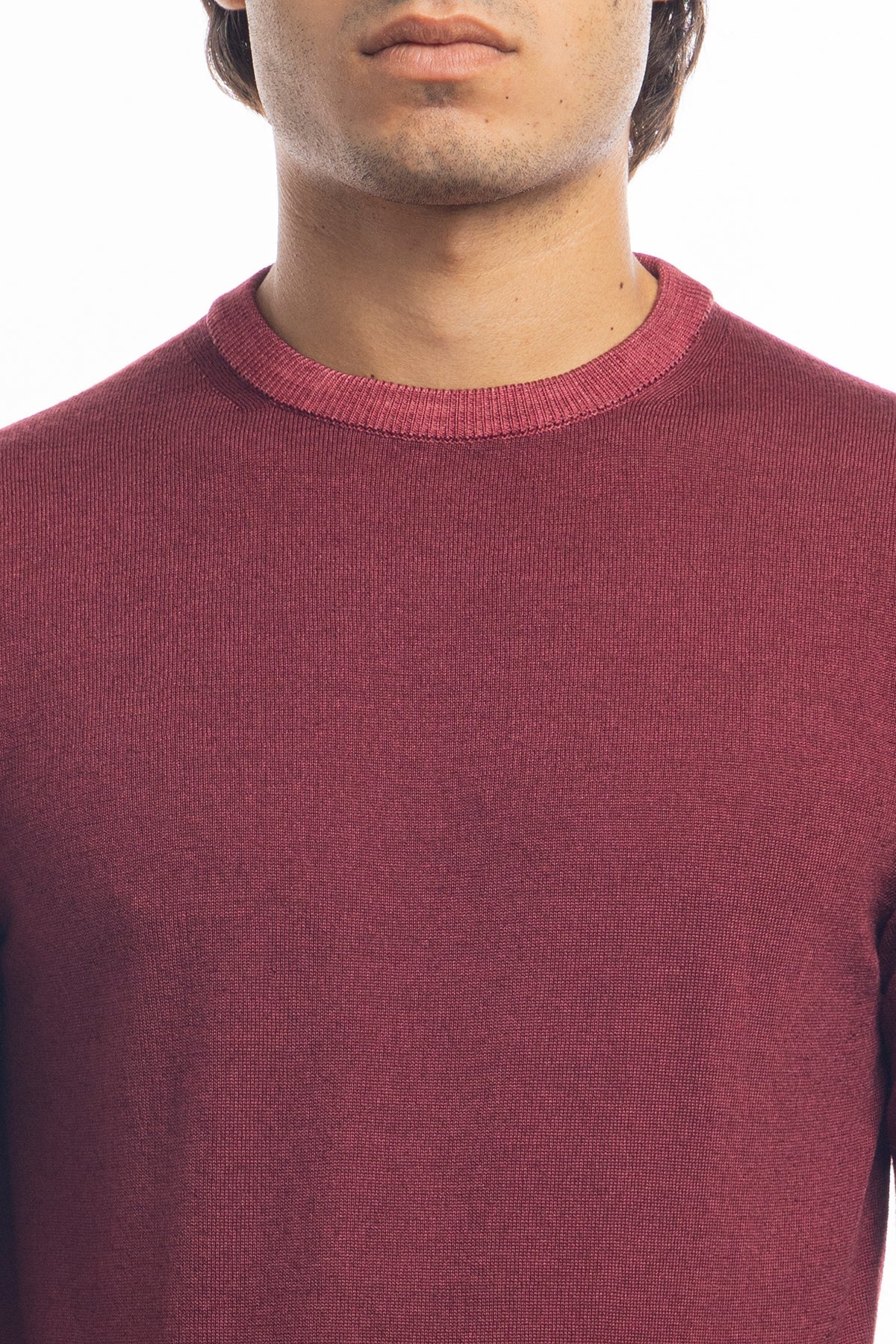 Maglione da uomo girocollo vinaccia in lana merinos 100% effetto stone wash maniche lunghe