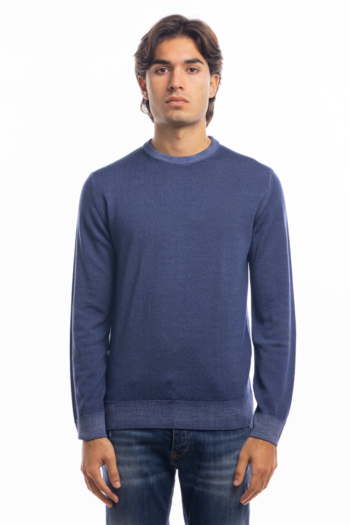 Maglione da uomo girocollo color denim in lana merinos 100% effetto stone wash maniche lunghe