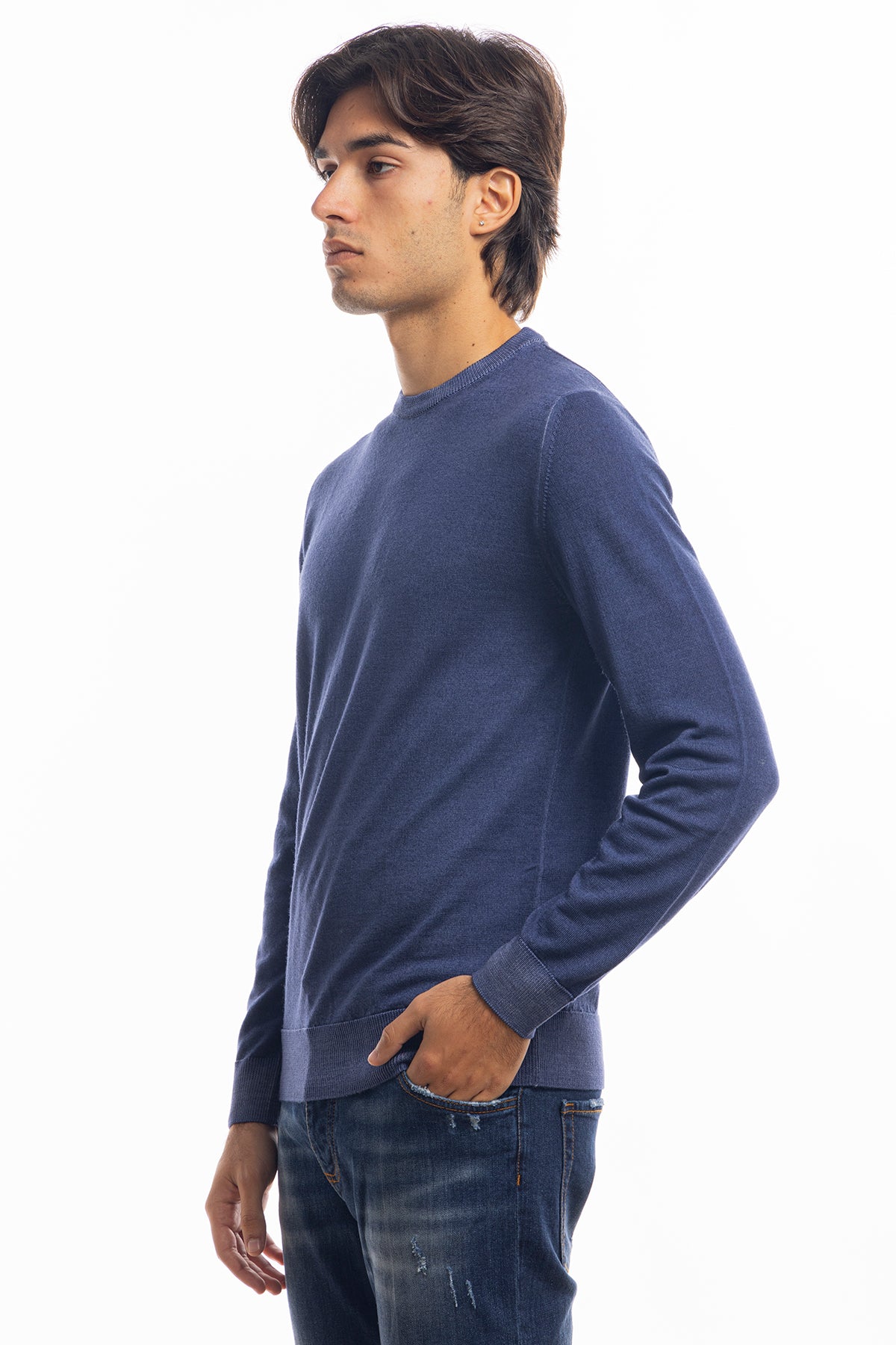 Maglione da uomo girocollo color denim in lana merinos 100% effetto stone wash maniche lunghe