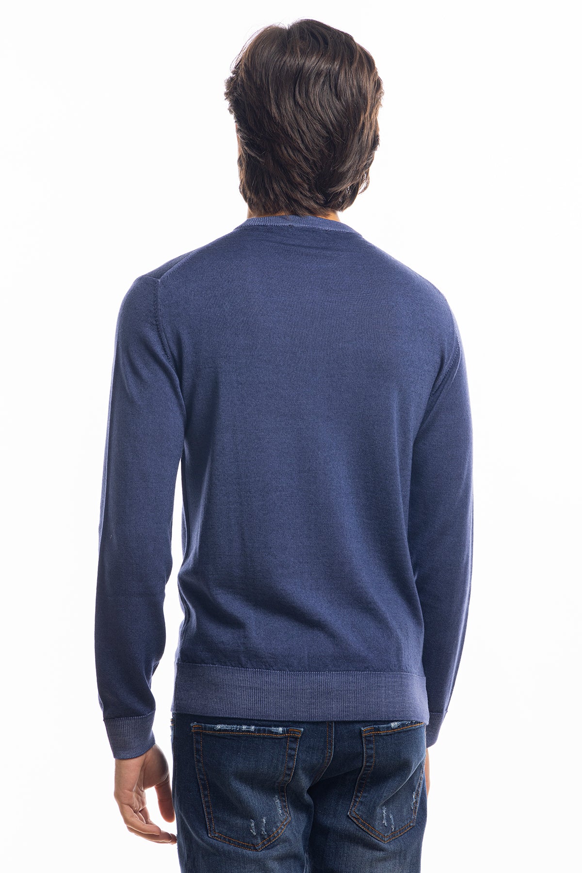 Maglione da uomo girocollo color denim in lana merinos 100% effetto stone wash maniche lunghe