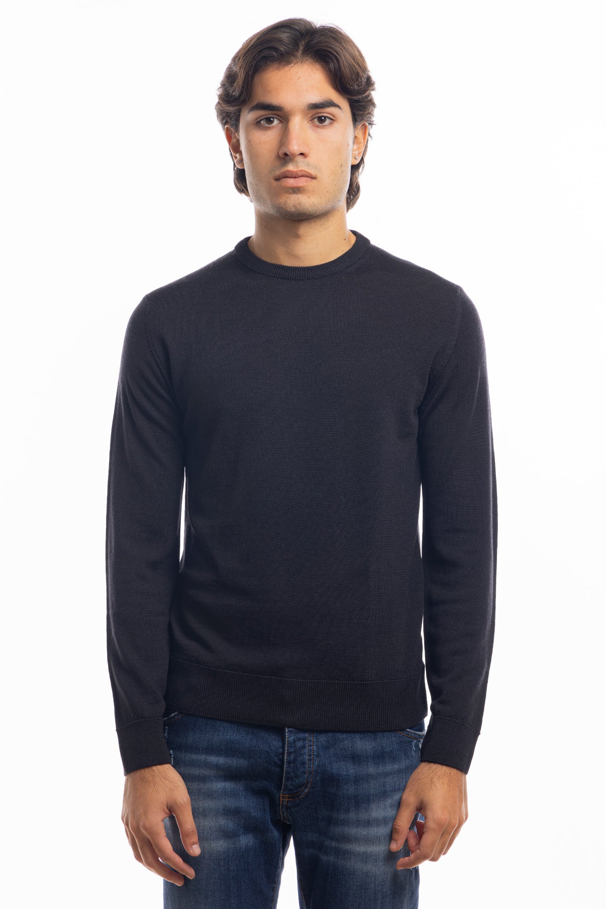 Maglione da uomo girocollo nero in lana merinos 100% effetto stone wash maniche lunghe