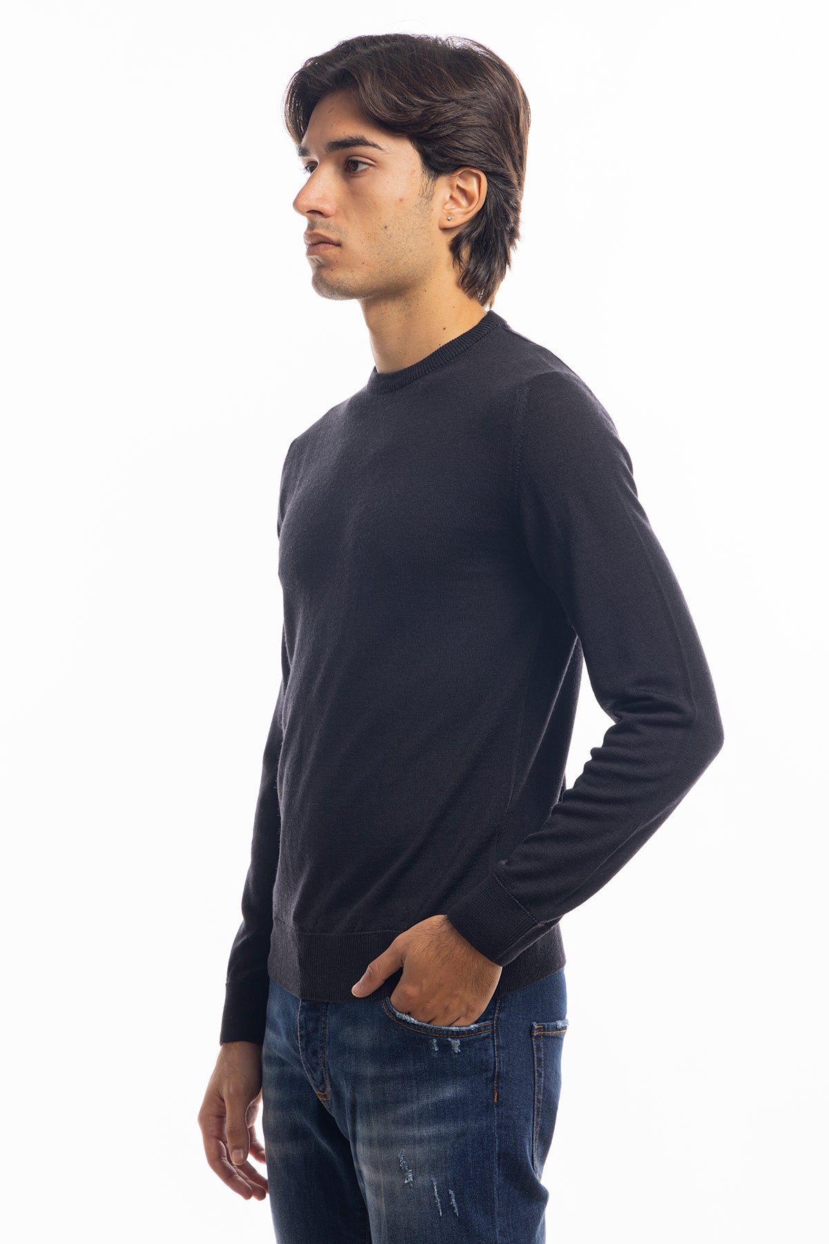 Maglione da uomo girocollo nero in lana merinos 100% effetto stone wash maniche lunghe
