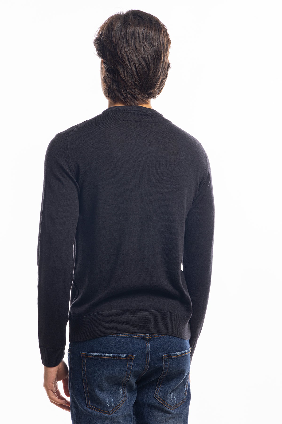 Maglione da uomo girocollo nero in lana merinos 100% effetto stone wash maniche lunghe