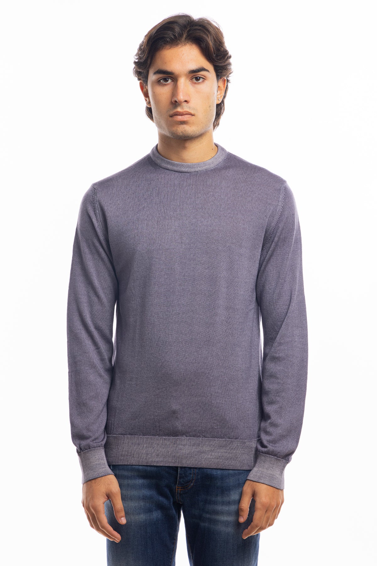 Maglione da uomo girocollo grigio in lana merinos 100% effetto stone wash maniche lunghe