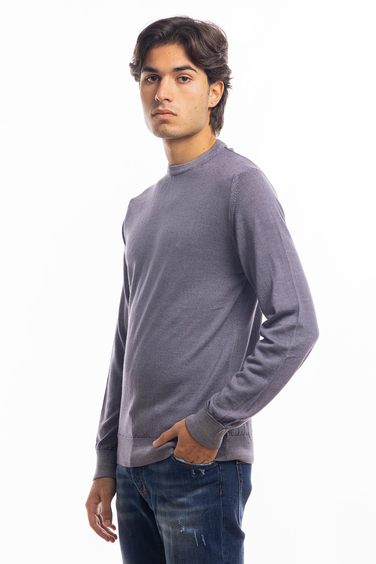 Maglione da uomo girocollo grigio in lana merinos 100% effetto stone wash maniche lunghe