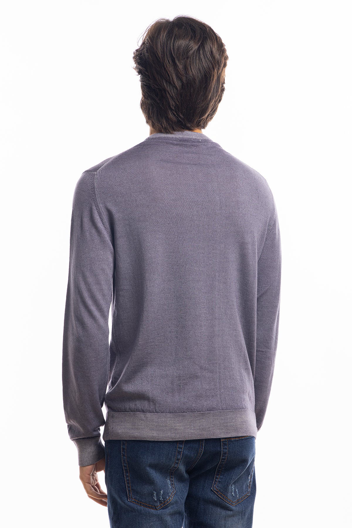 Maglione da uomo girocollo grigio in lana merinos 100% effetto stone wash maniche lunghe