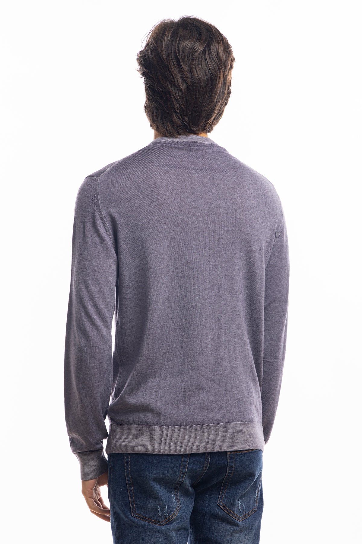 Maglione da uomo girocollo grigio in lana merinos 100% effetto stone wash maniche lunghe
