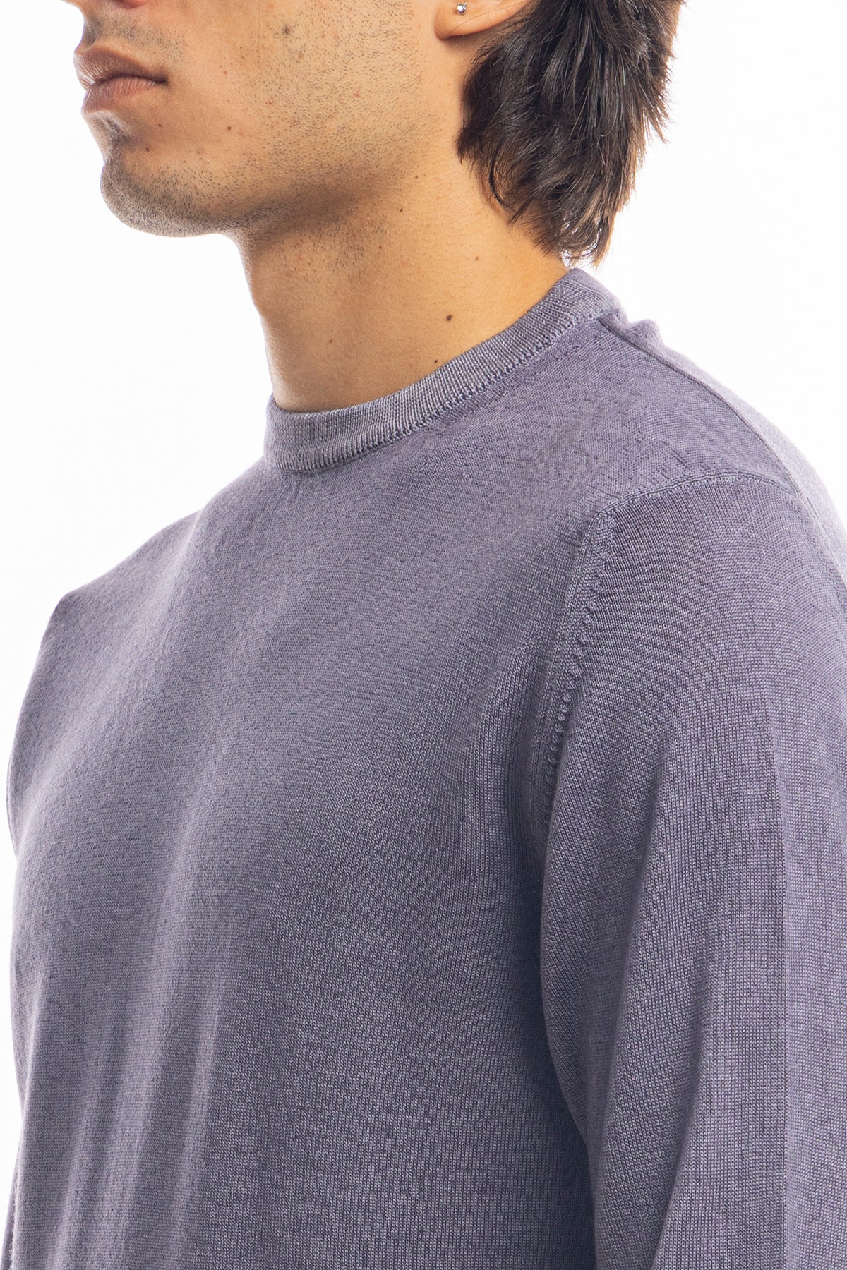 Maglione da uomo girocollo grigio in lana merinos 100% effetto stone wash maniche lunghe