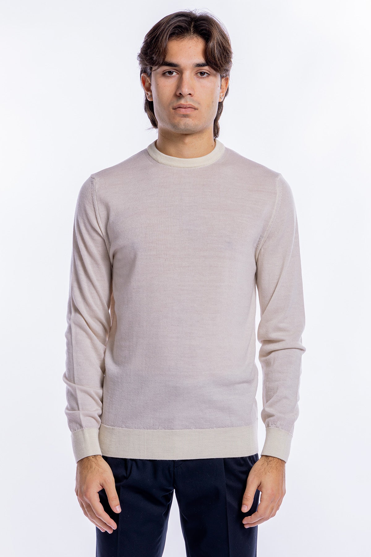 Maglione da uomo girocollo panna in lana merinos 100% effetto stone wash maniche lunghe