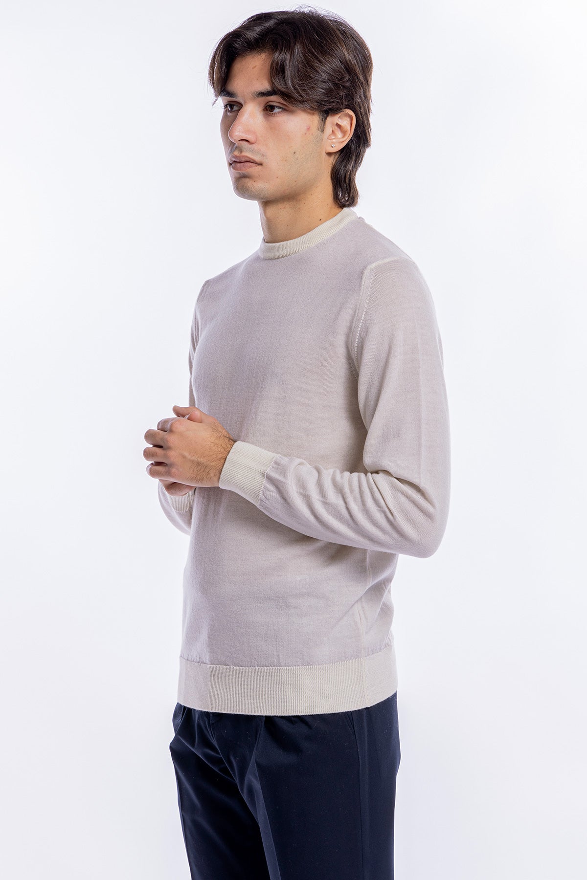 Maglione da uomo girocollo panna in lana merinos 100% effetto stone wash maniche lunghe