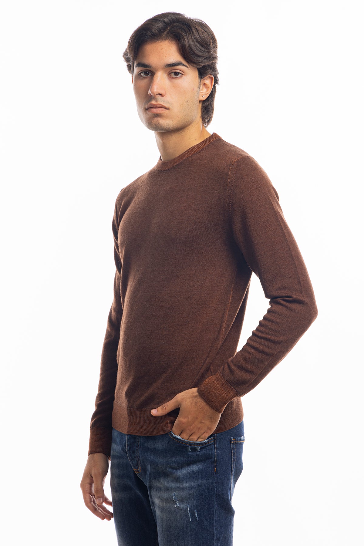 Maglione da uomo girocollo marrone in lana merinos 100% effetto stone wash maniche lunghe