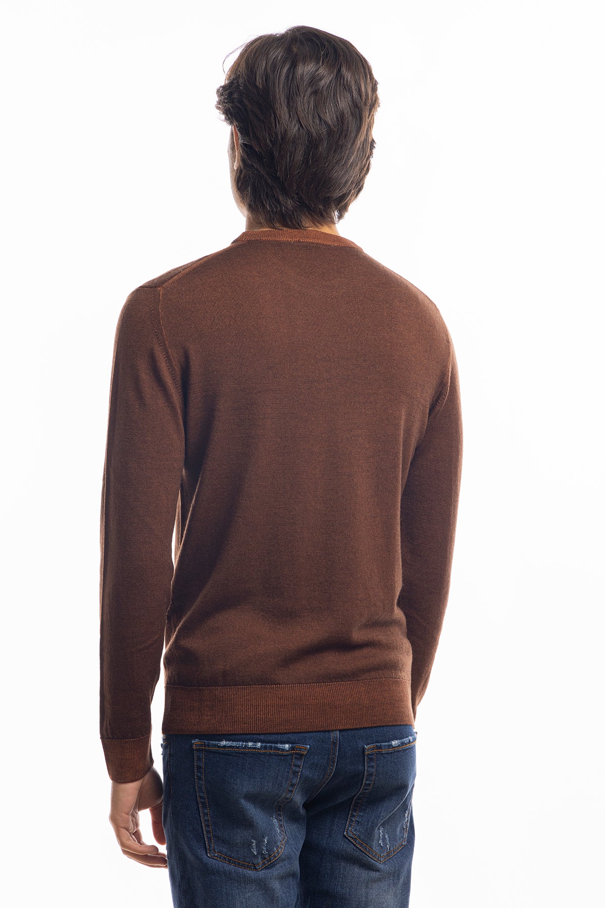 Maglione da uomo girocollo marrone in lana merinos 100% effetto stone wash maniche lunghe