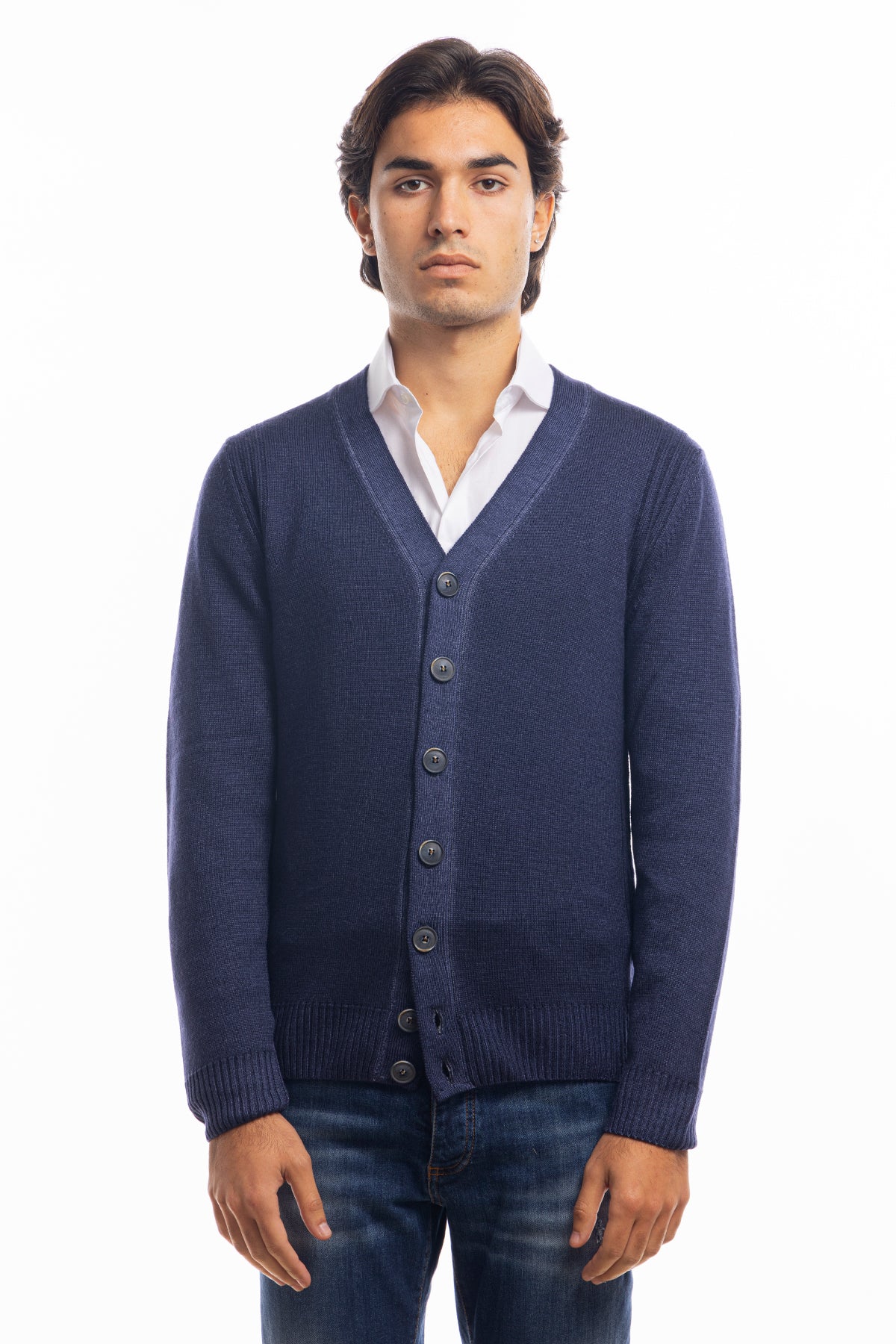 Cardigan da uomo blu lana merinos 100% effetto stone wash maniche lunghe