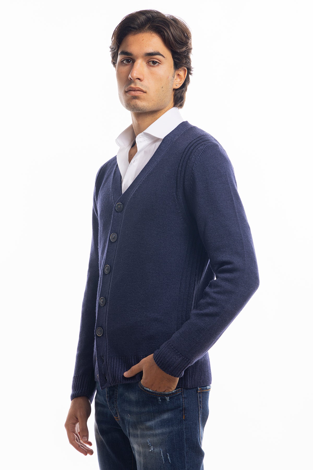 Cardigan da uomo blu lana merinos 100% effetto stone wash maniche lunghe