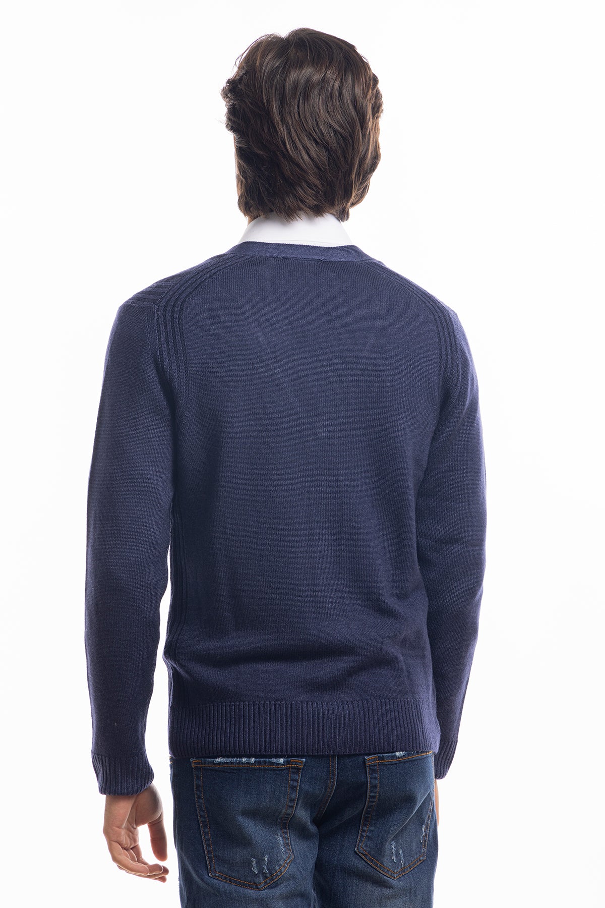 Cardigan da uomo blu lana merinos 100% effetto stone wash maniche lunghe